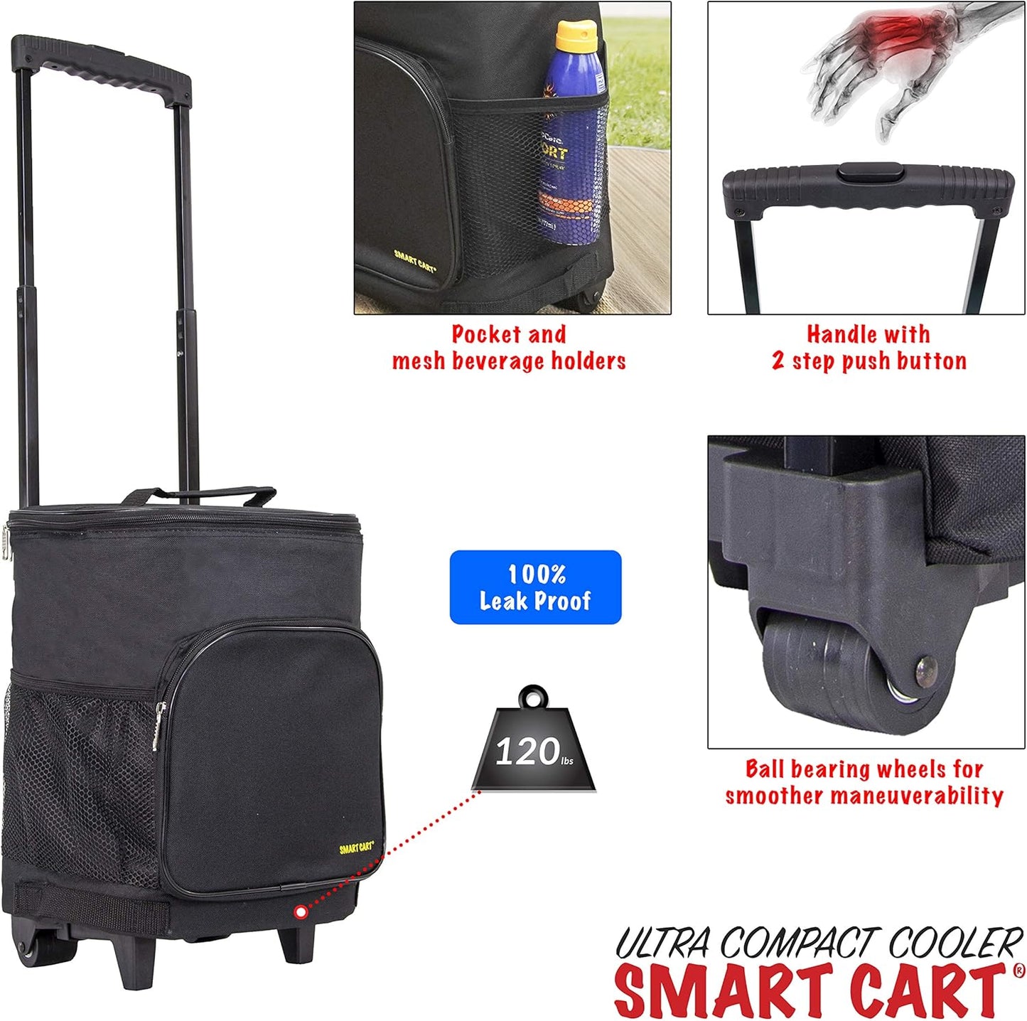 Ultra Compact Cooler Smart Cart with Wheels - Collapsible Insulated Cooler Bag - Foldable Travel Cooler 36 Cans - Leak Proof Trolley - Black
