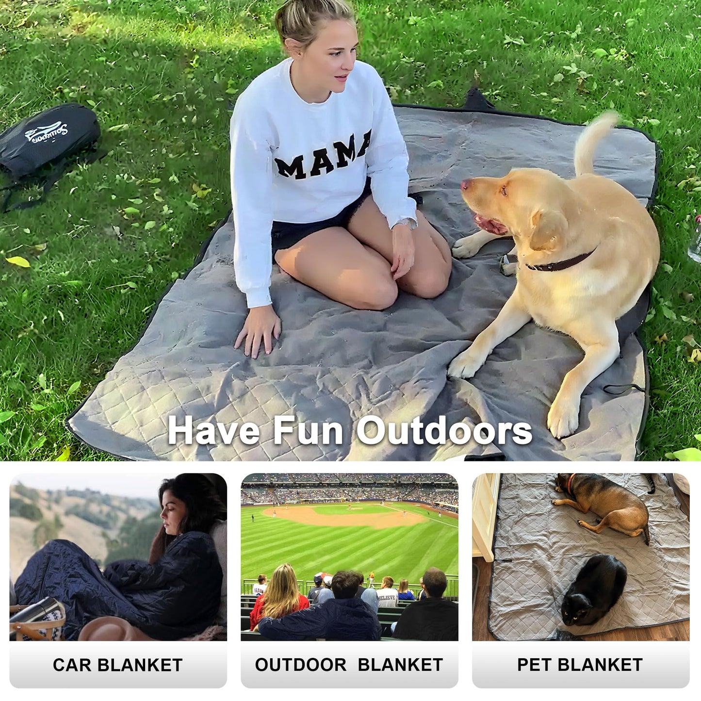 Waterproof Outdoor Blanket 82”X 55” Packable, Stadium Blankets for Camping with Fleece Lining, Large Windproof Emergency Throw Mat for Garss Picnic Hiking Road Trip, Machine Washable, Black 280GSM