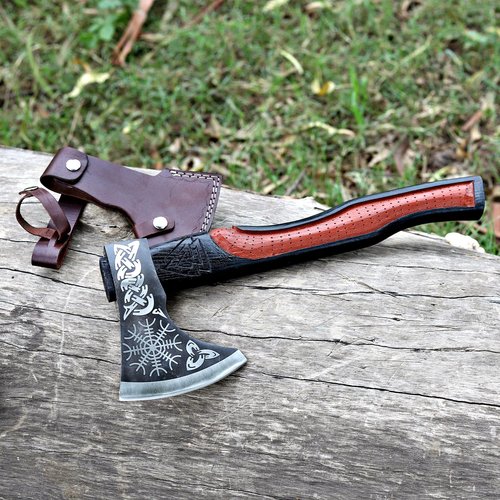 Wazir Crafts Handmade Viking Axe | 18" Carbon Steel Throwing Hatchet with Ash Wood Handle & Leather Sheath | Etched Norse Design, Functional & Collectible Gift(WCA-001)