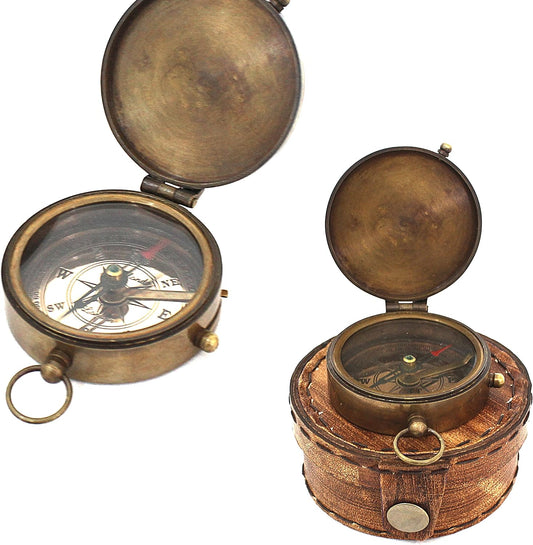 Navigational Compass – Marine Brass with Orange Leather Classic Case | Magnetic Nautical Instrument | Vintage Navigation Tool & Decorative Ornament