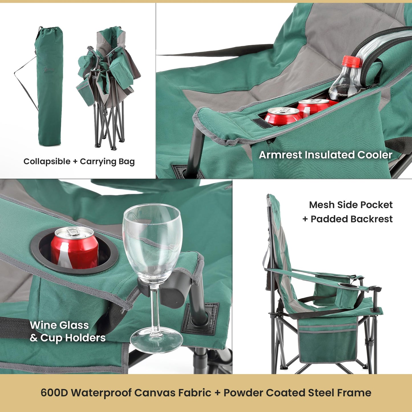 ARROWHEAD OUTDOOR Oversized XXL Portable Folding Camp Chair w/Glass & Cup Holders, Armrest Cooler, Heavy Duty Carry Bag, 600 lbs Weight Capacity