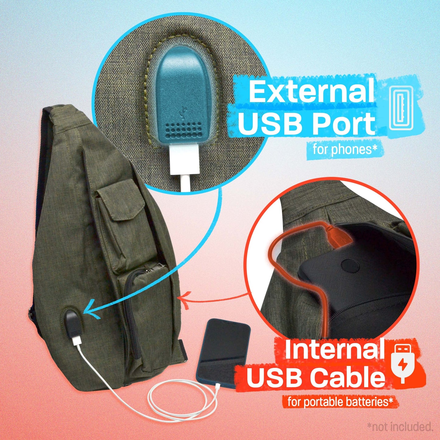 Nupouch Rucksack Pickleball Bag, Anti-Theft Crossbody Sling, USB Charging Connector Port, Backpack, Gray Tie Dye