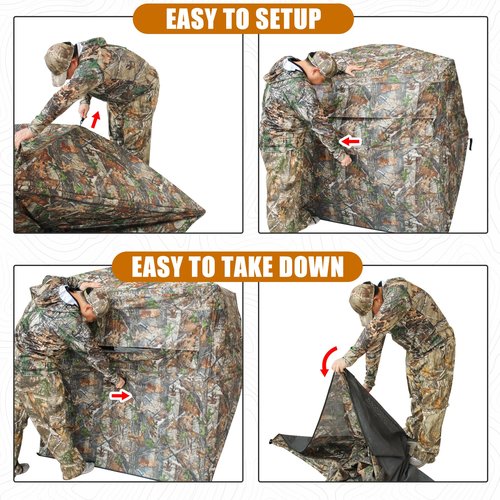 ShedOFF Hunting Blind 1-3 Person with Portable Hunting Chair, 270 Degree See Through Pop up Ground Blinds for Deer Turkey Duck Hunting, Bow Hunting Adjust Windows with Silent Zipper(CAMO Rush)