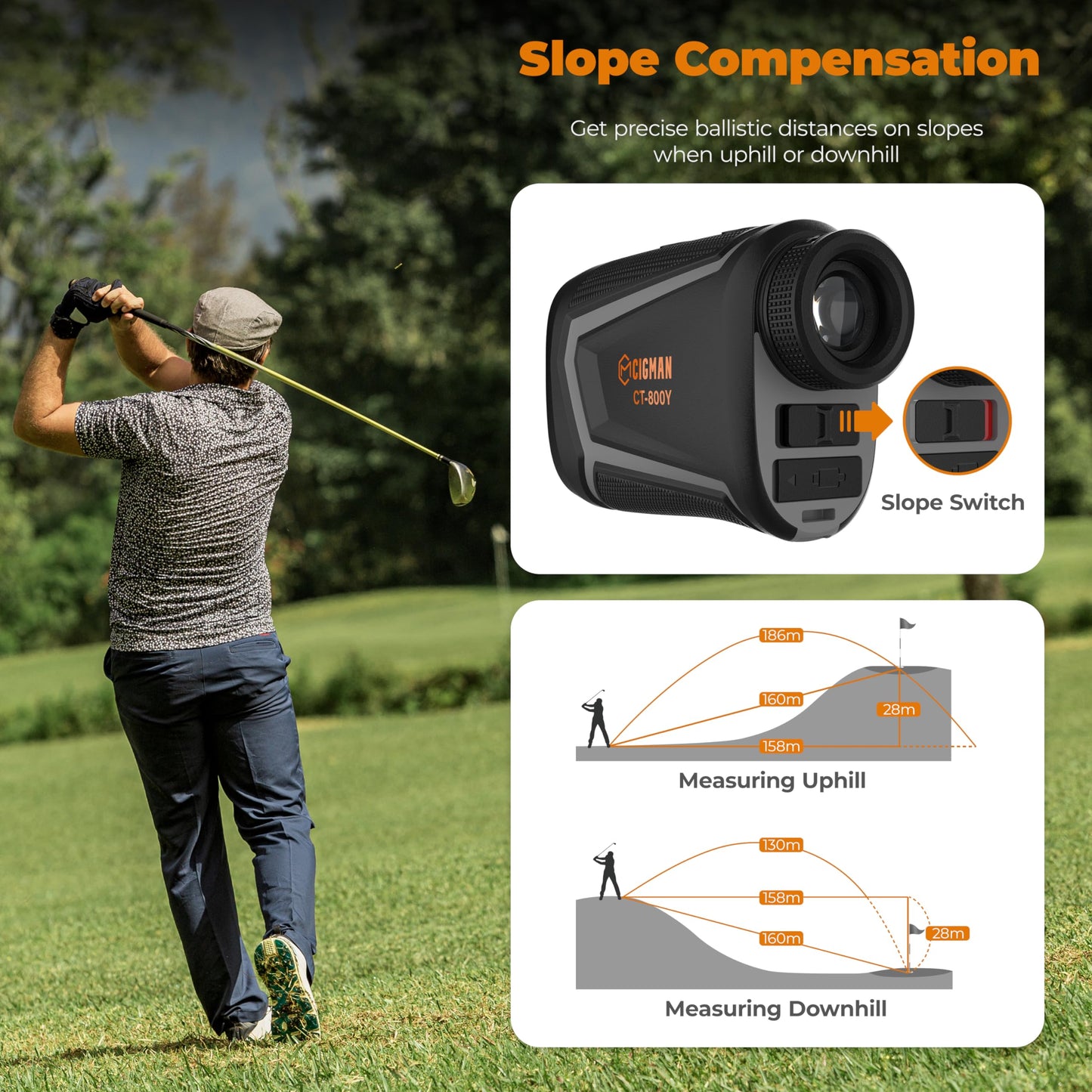 CIGMAN Golf Rangefinder with Slope, 850 Yards Laser Golf & Hunting Rangefinder, Flag Pole Locking Vibration, USB Rechargeable Range Finder with 6X Magnification, Lightweight