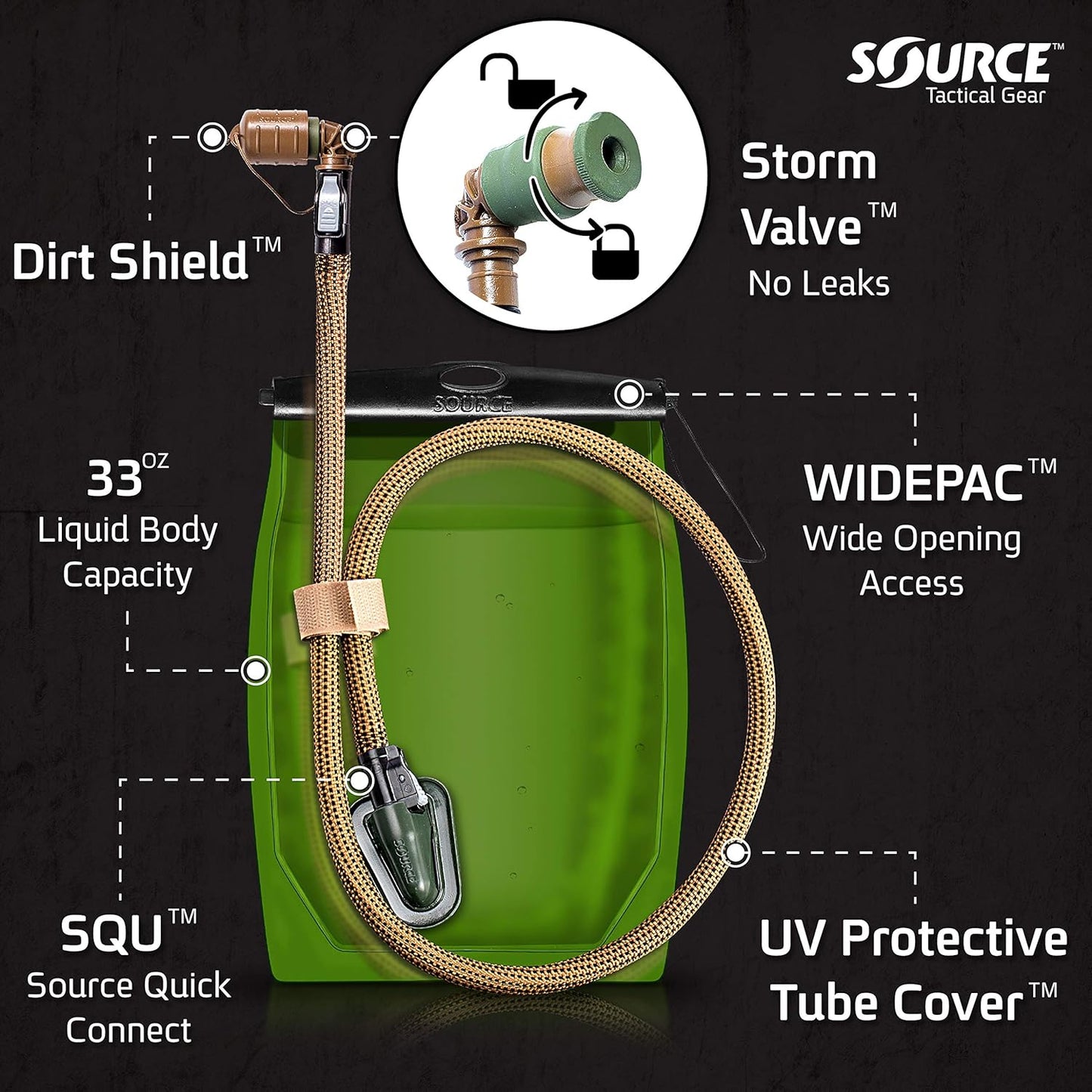 Source Tactical Kangaroo 1L Collapsible Widepac Hydration Bladder - High-Flow Push-Pull Storm Drinking Valve - Leakproof Widepac Closure - Zero Taste and Virtually Self-Cleaning - 34oz