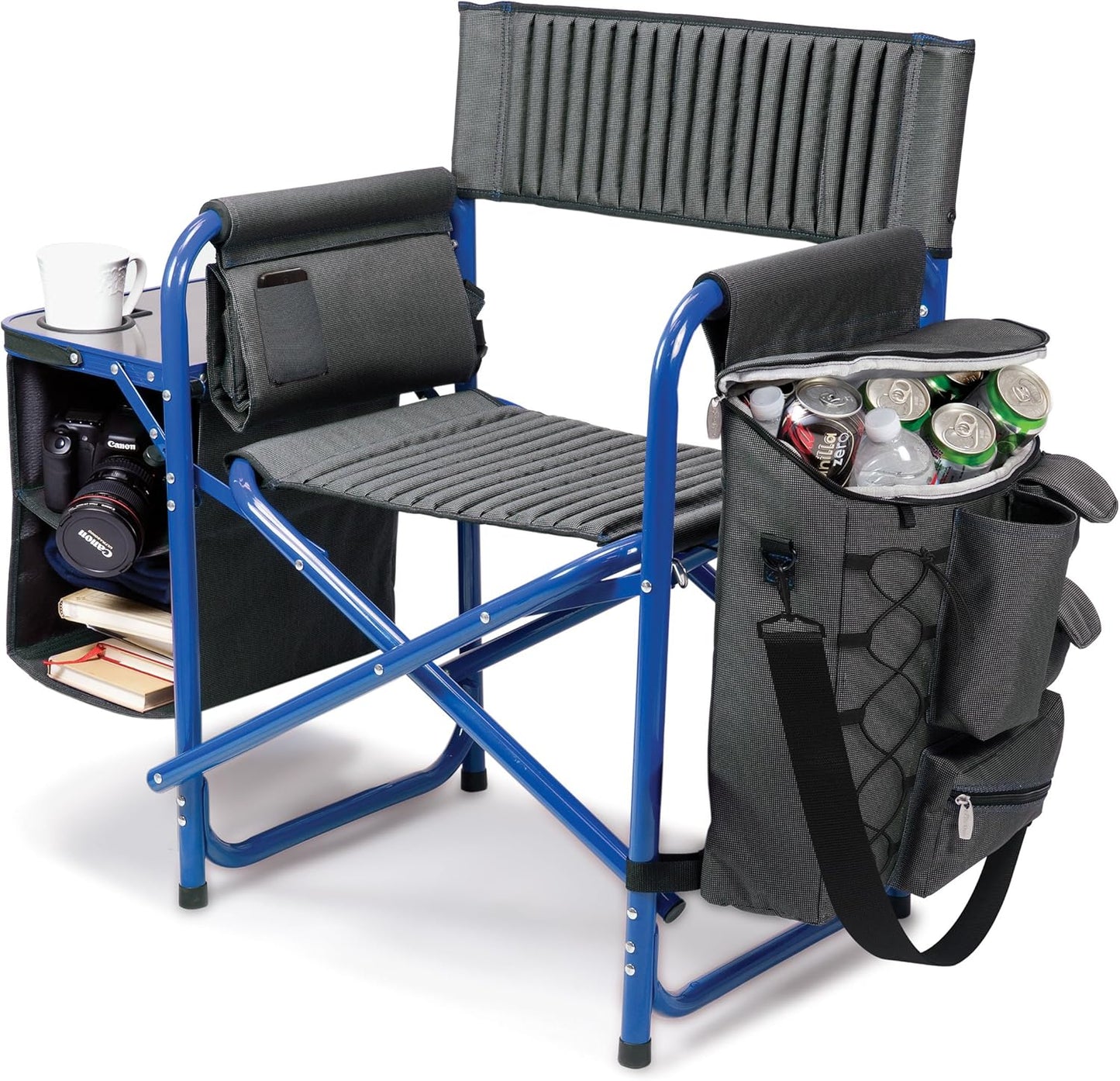 PICNIC TIME Fusion Camping Chair with Side Table and Soft Cooler, Outdoor Foldable Padded Camping Chairs with Cup Holder for Lawn, Beach, & Sports Use for Adults, (Dark Gray Blue Accents)