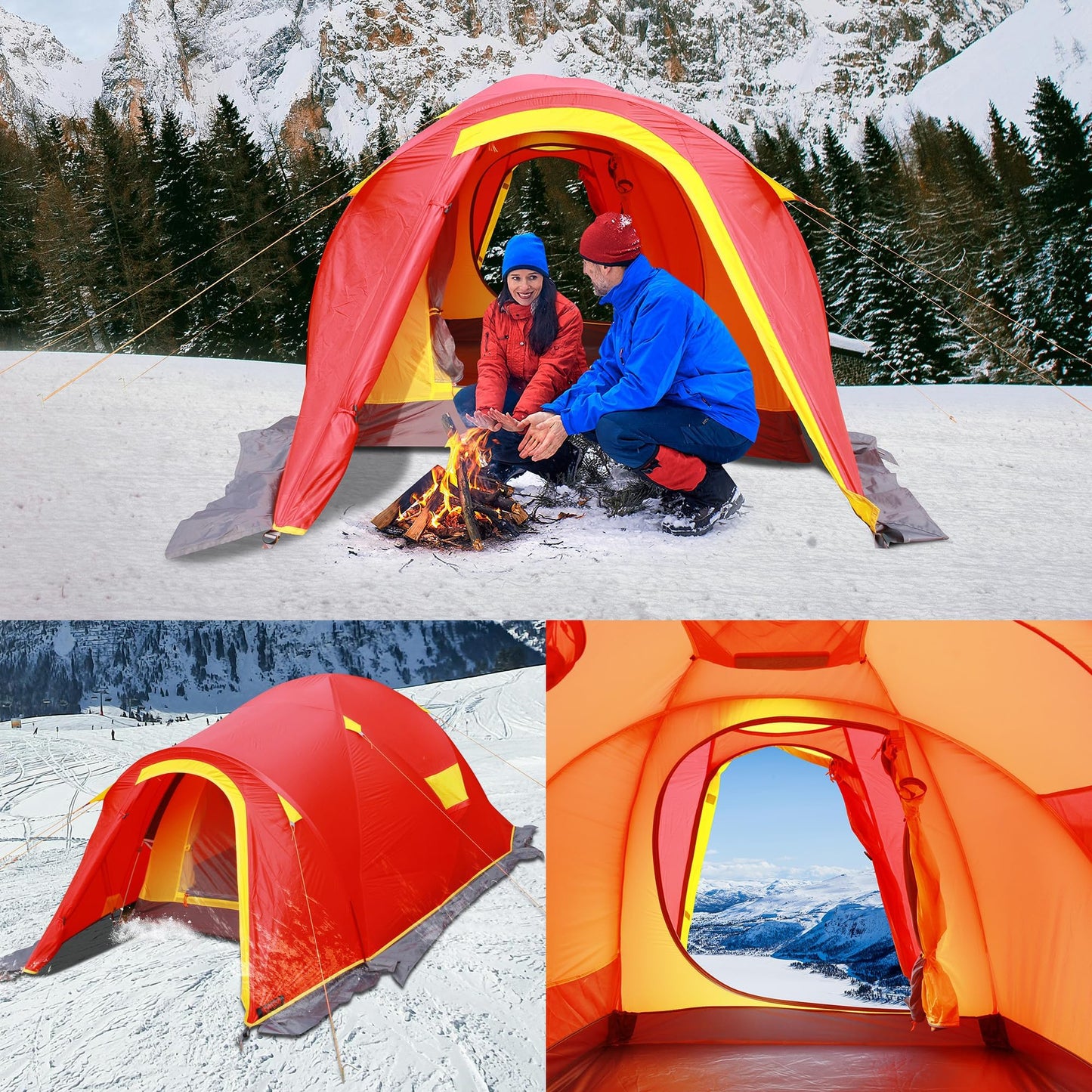 2 Person 4 Season Tent, Winter Camping Tent Waterproof Windproof Lightweight Tent 20D Nylon PU8000mm Easy Set Up for Winter, Cold Weather Outdoor Camping Hiking Family Camp Mountaineering