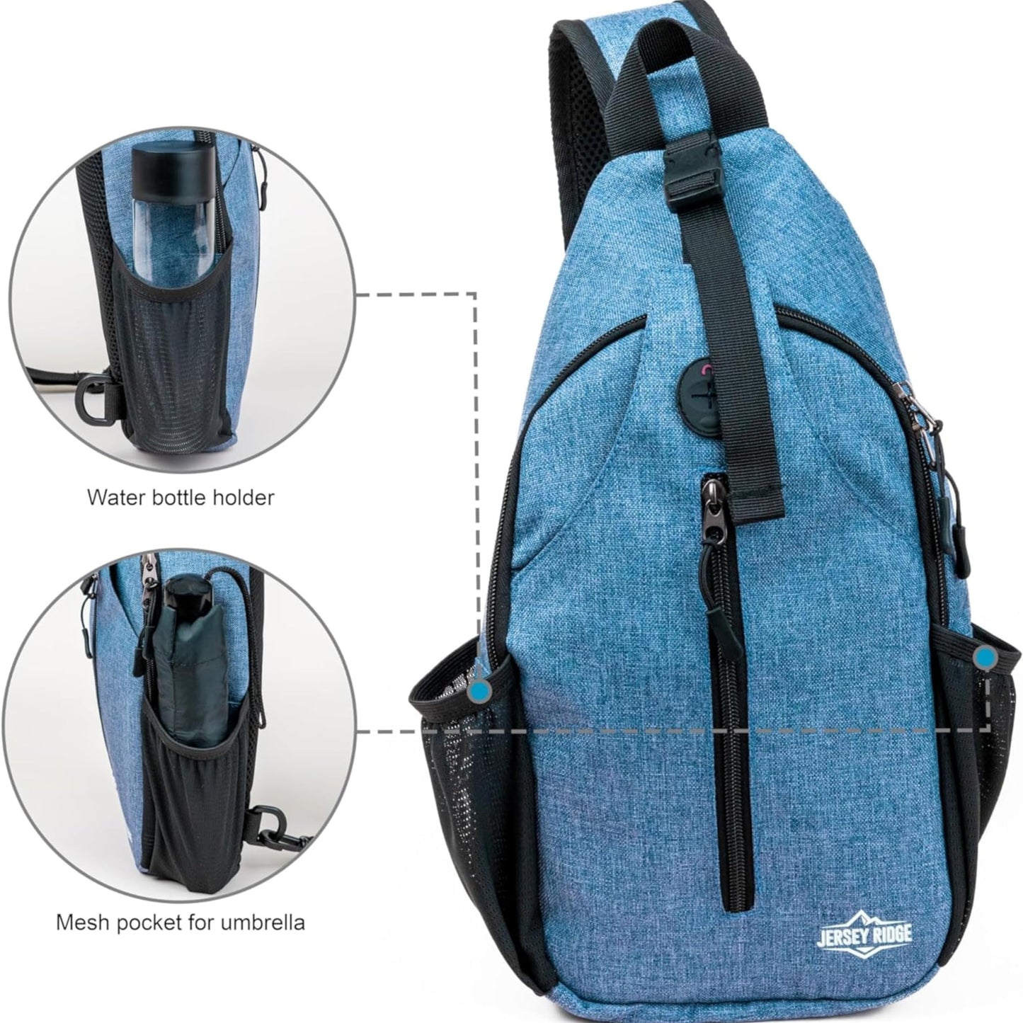JERSEY RIDGE Crossbody Sling Bag – Anti-Theft Carryall Daypack Backpack with Adjustable Chest Strap for Travel or Hiking (Blue)