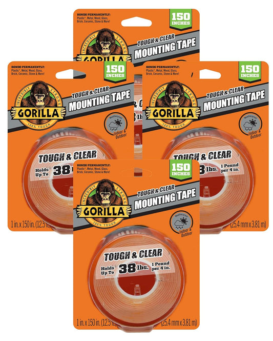 Gorilla Tough & Clear Double Sided Mounting Tape, Clear Tape, 1" x 150" (Pack of 1) - Weatherproof for Indoor or Outdoor