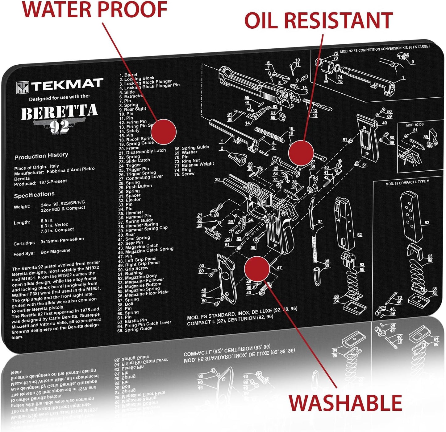 TekMat Gun Cleaning Mat for use with Beretta 92-M9 , Black