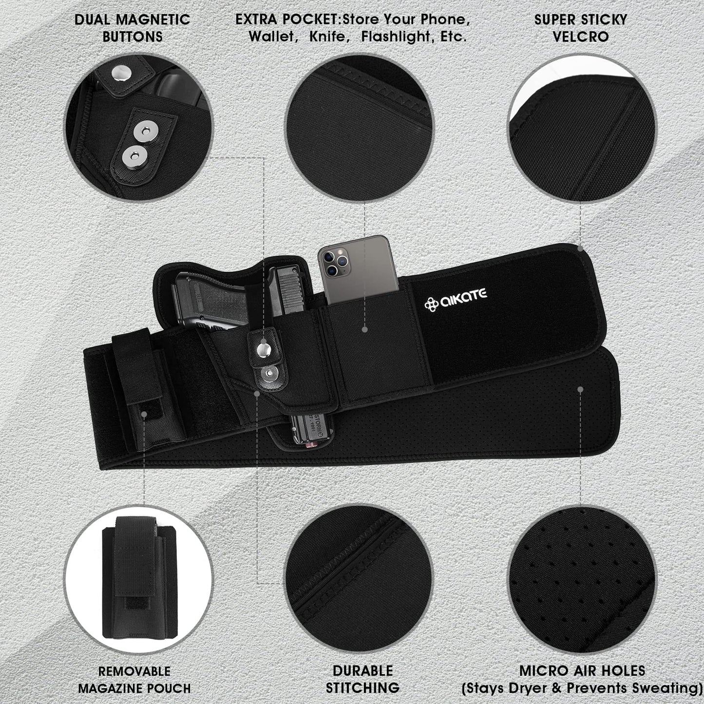 AIKATE Upgraded Belly Band Holster for Concealed Carry, Deep Concealment Gun Holster for Men, Waistband Holsters Fits for Glock 19, 17, M&P Shield 9MM Most Pistols (Fits Belly Up to 45", Right)
