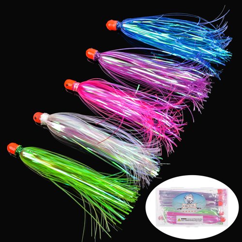 OROOTL 10pcs/Pack Mylar Flash Teaser Tail Bucktail Teasers Weighted Jig Head Fishing Lures Mylar Fishing Skirt Hair Bait Jigs 3/8oz Bullet Sinkers Head with Bucktail Teaser