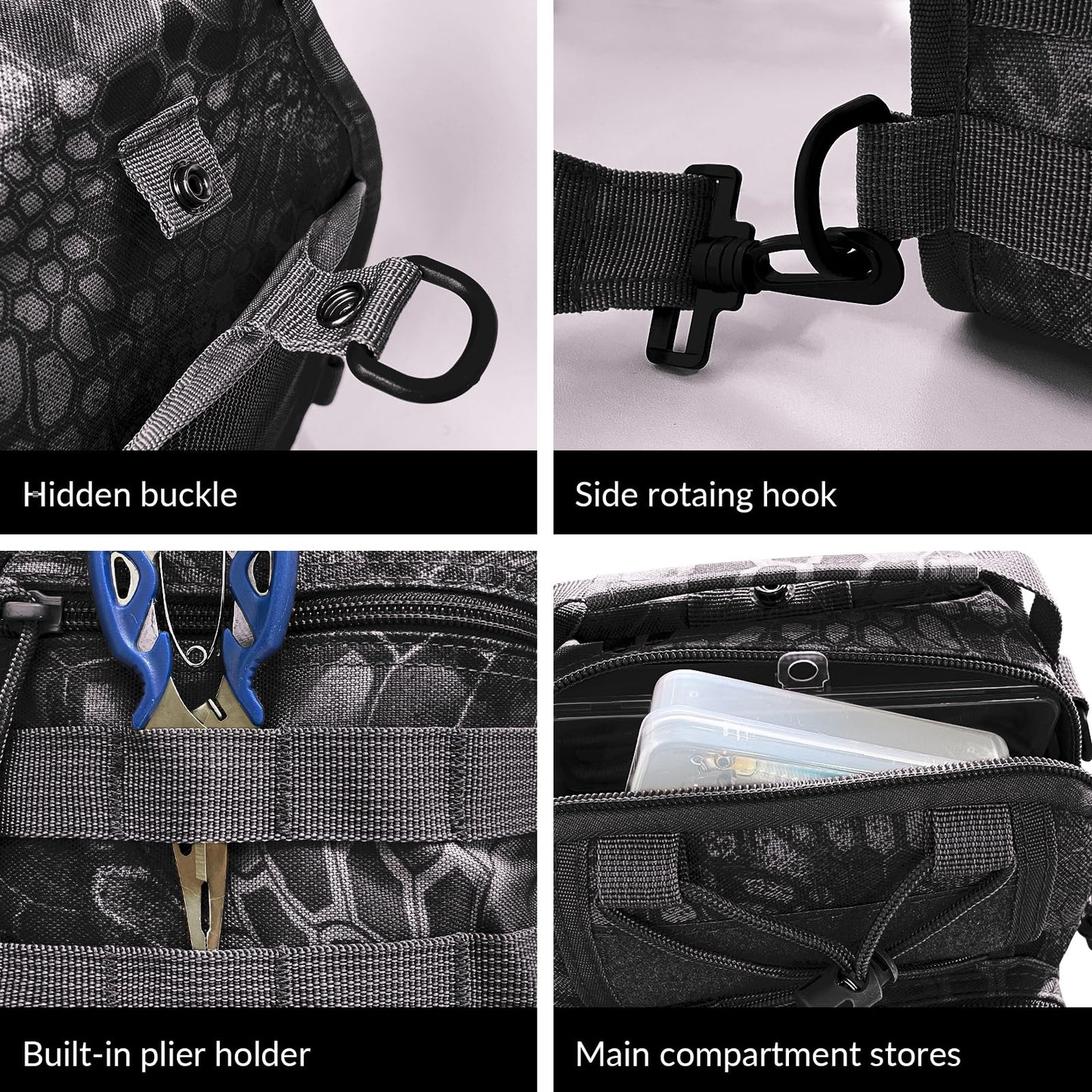 Fishing Backpack Fishing Tackle Storage Bag Fishing Gear with Rod Holder Small Sling Backpack for Outdoor Fish,Hiking,Travel,Hunting (E-Camouflage Black)
