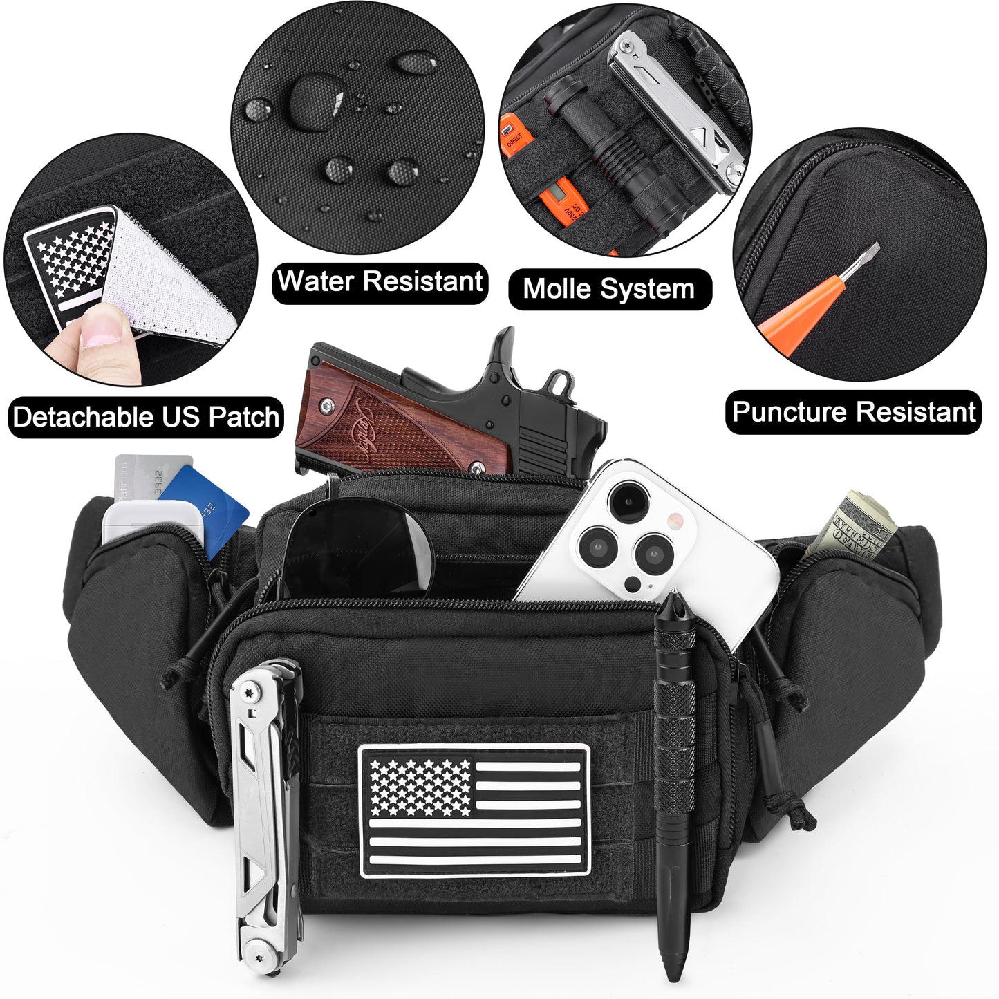 JIPIMON Tactical Fanny Pack for Men, 1000D Nylon Heavy Duty Concealed Carry Waist Bag with Universal Pistol Holster