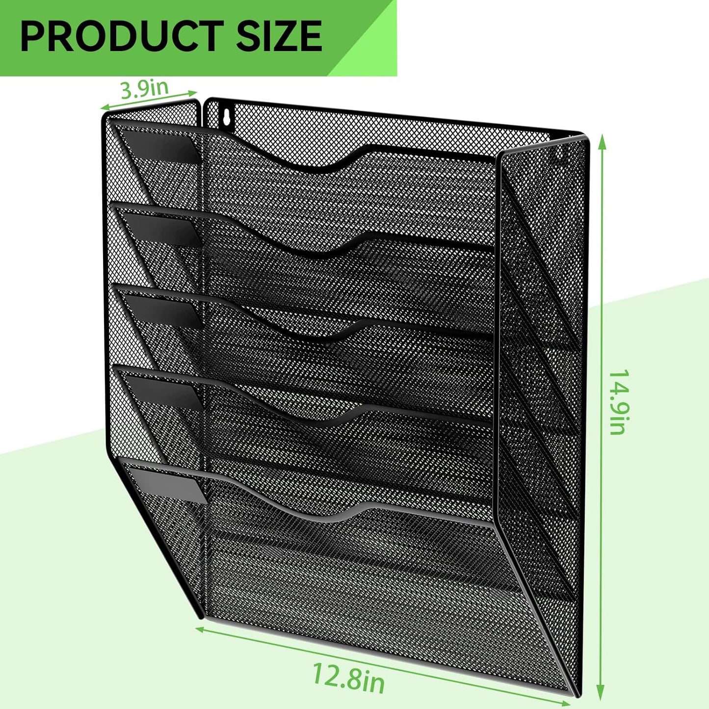 5 Pockets Mesh Hanging Wall File Holder Organizer Wall Mounted Paper Magazine Rack, Black
