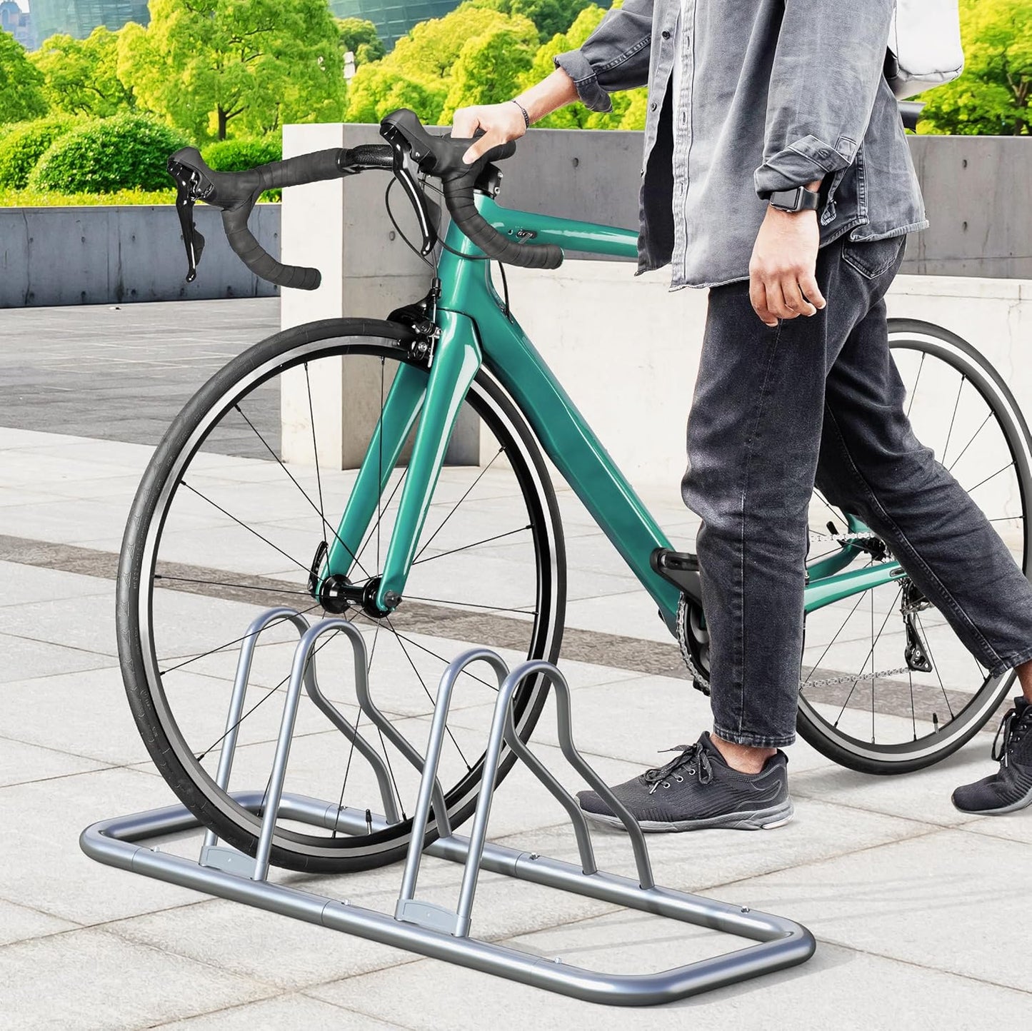 Simple Houseware 5 Bike Bicycle Floor Parking Adjustable Storage Stand, Silver