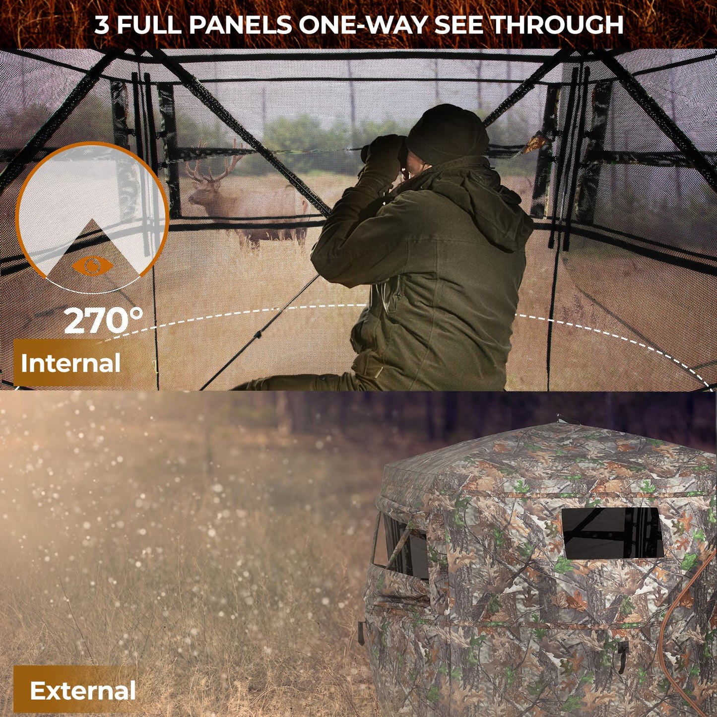 HUNTSEN Hunting Blind 270° See Through 2-3 Person Ground Blind Pop Up Hunting Tent with Carring Bag - Portable Durable for Turkey and Deer Tent