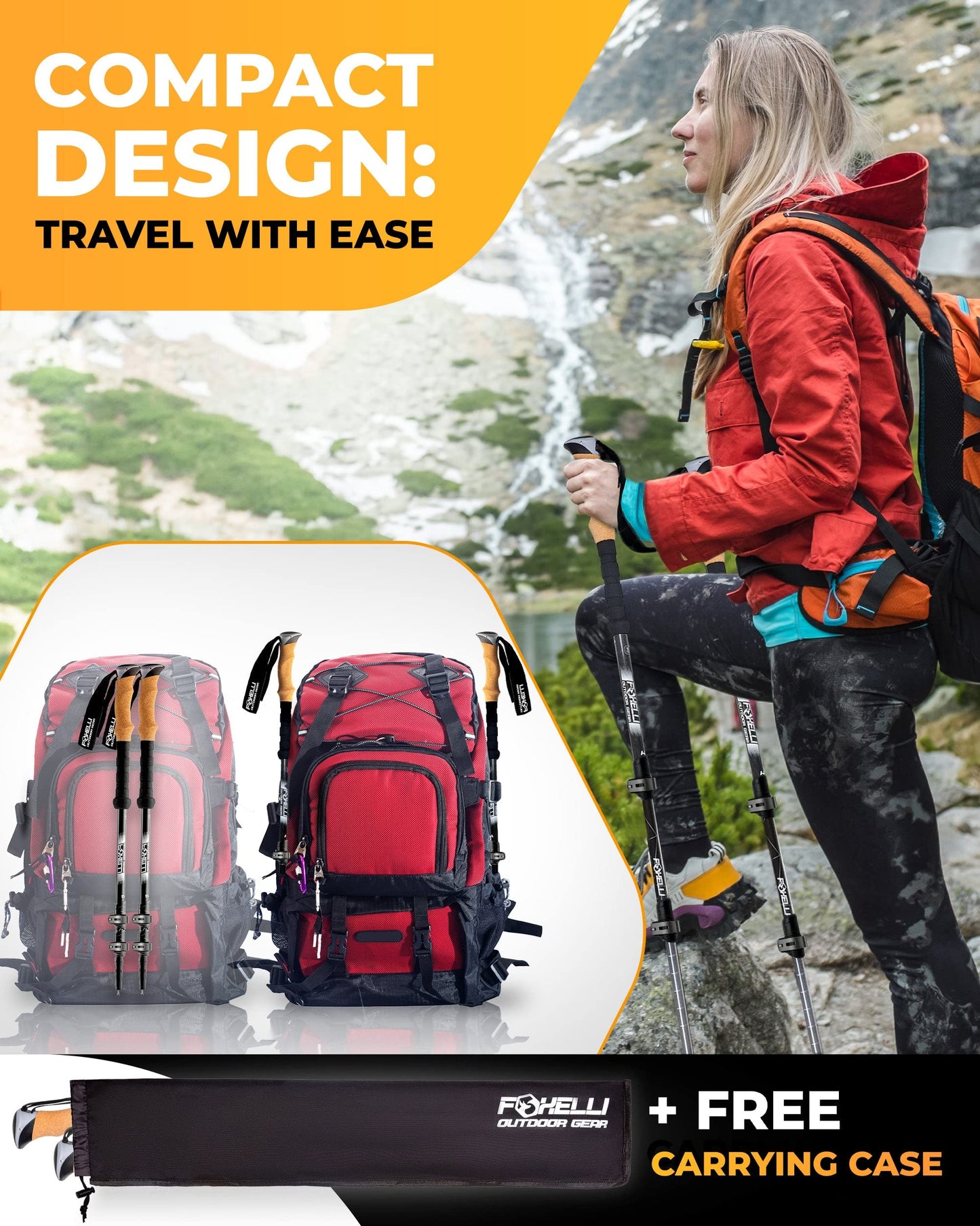 Foxelli Hiking Poles Bundle (2 Pairs) – Grey & Blue Collapsible Lightweight Aircraft-Grade Aluminum Trekking Poles with Accessories