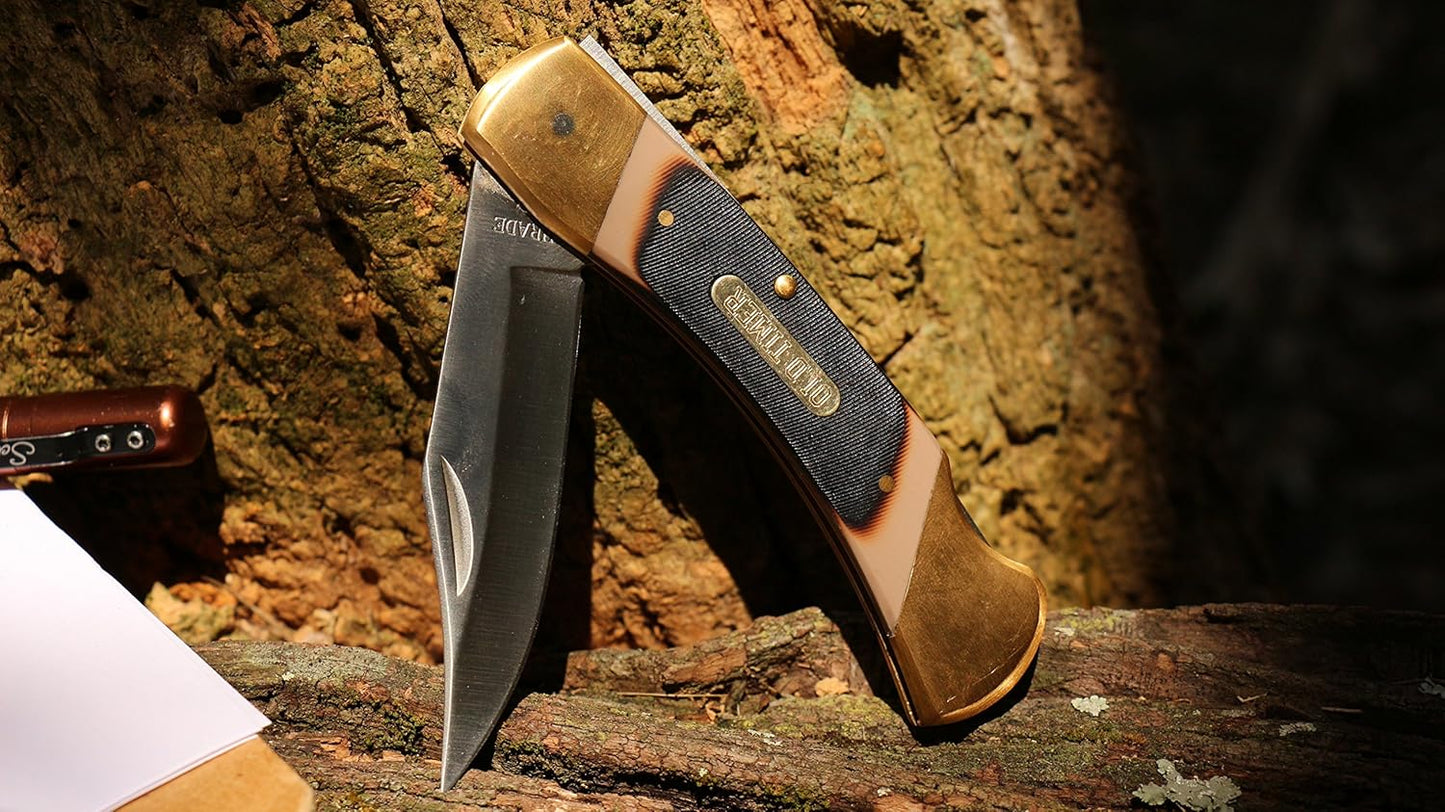 Old Timer 7OT Cave Bear Traditional Lockback Pocket Knife with 3.9in High Carbon Stainless Steel Blade, Sawcut Handles, and Leather Belt Sheath for Hunting, Camping, Whittling, EDC, and Outdoors
