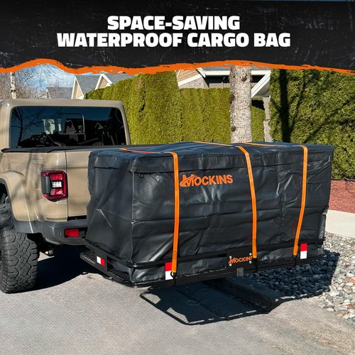 Mockins 60"x36"x6" XL Folding Trailer Hitch Cargo Carrier & 35 Cu.Ft. Tow Hitch Cargo Carrier Bag | 500 Lbs. Capacity Luggage Rack for SUV Car Truck & Soft Waterproof Trailer Rack Bag with Accessories