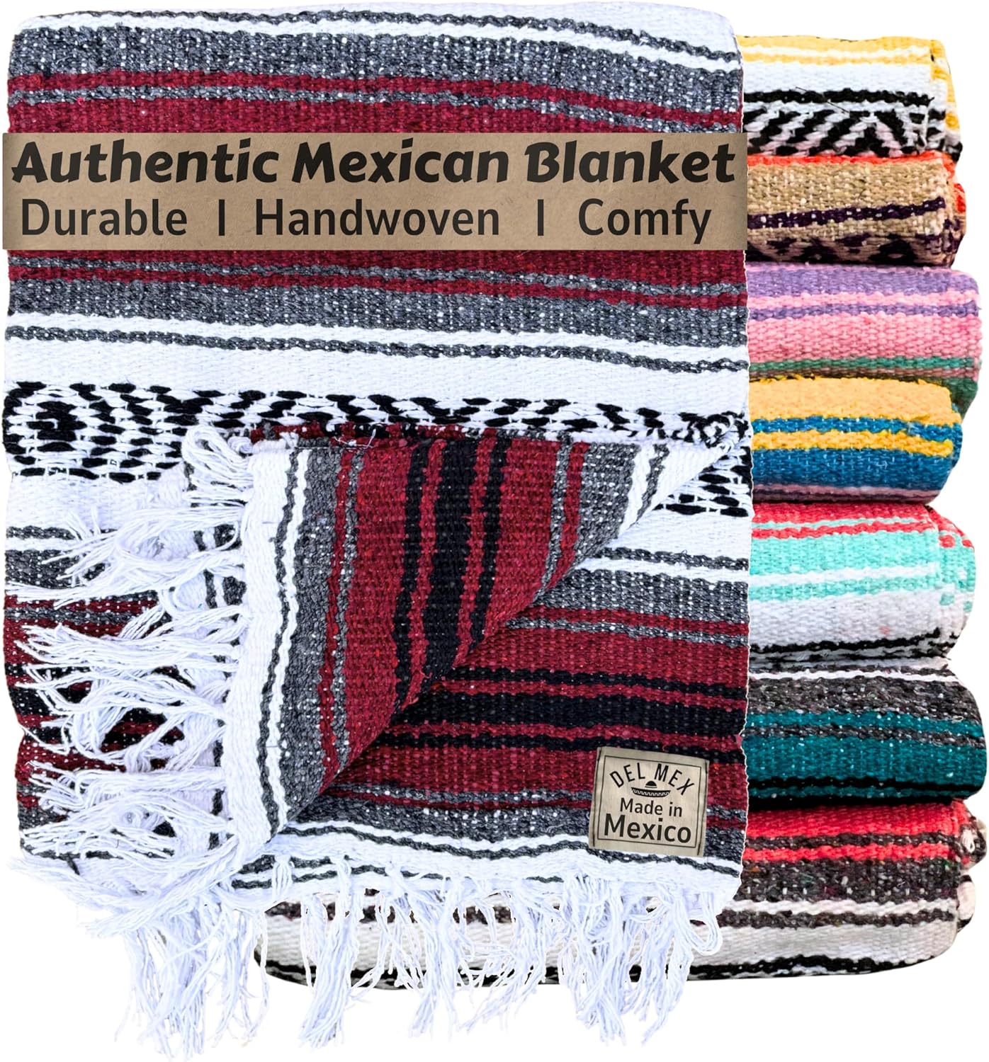 Authentic Del Mex Large Mexican Blanket - Woven Falsa Throw (70"x50") for Beach, Yoga & Outdoor Decor - Pink/Tan
