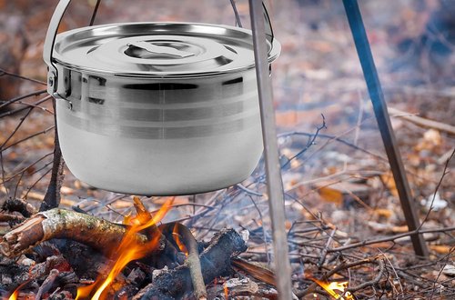 Camping Cookware Set - Compact Stainless Steel Campfire Cooking Pots and Pans | Combo Kit with Travel Tote Bag | Rugged Outdoor Cook Set for Hiking | Barbecues | Beach