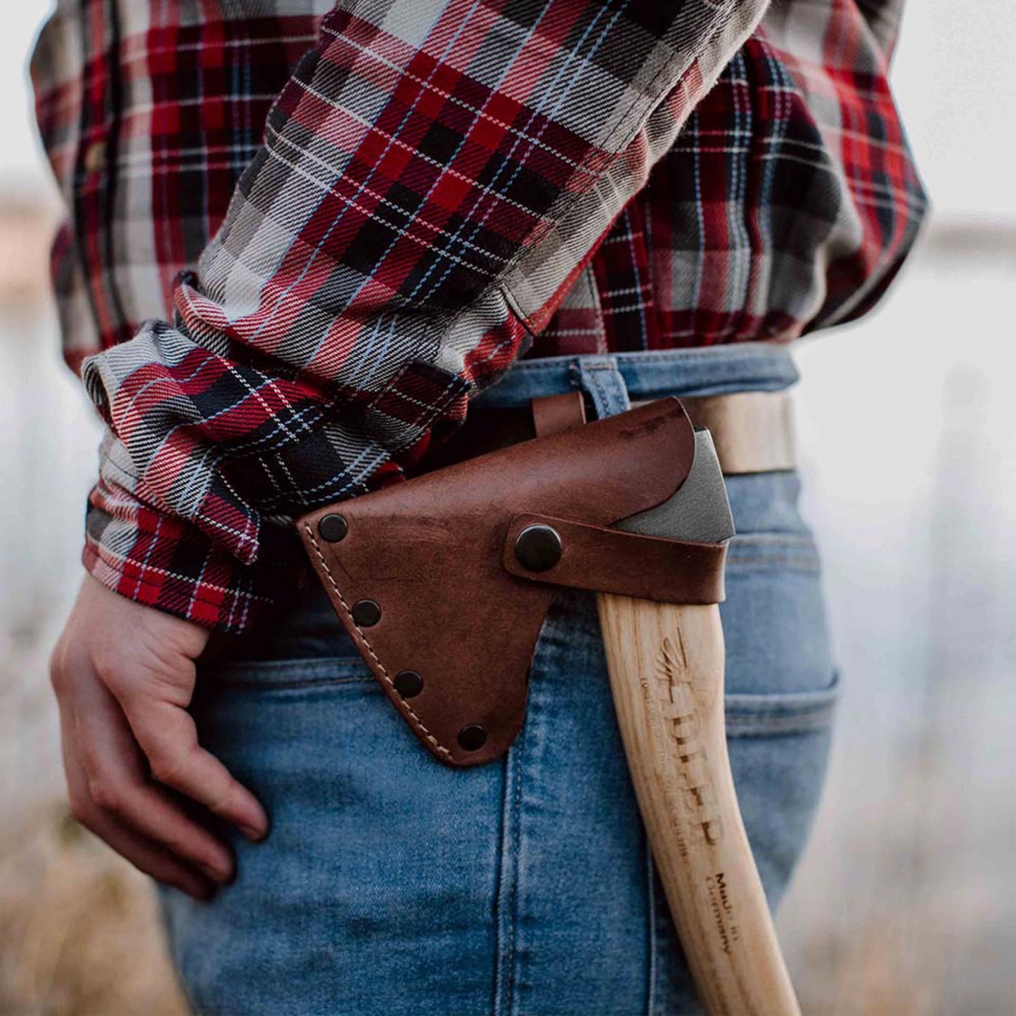 Adler The Scout Hatchet - Compact German Made Camping & Backpacking Hatchet, 11.8" Ash Handle with Anti-Slip Grip, 0.88 lb Lightweight Design, Premium Leather Sheath (Red Stripe)