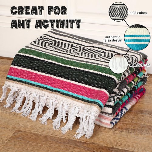 Oudain 3 Pack Mexican Blankets and Throws 45 x 70 Inch, Cotton Outdoor Camping Baja Blanket Woven Serape Restorative Yoga Fiesta Picnic Beach Supplies (Classic Color)