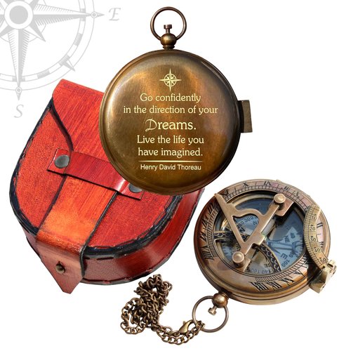 Thoreau's Go Confidently in The Direction of Dream Brass Working Sundial Compass, Engraved Compass, Compass, Compass for Husband, Valentines Day Gift, Couples Gift