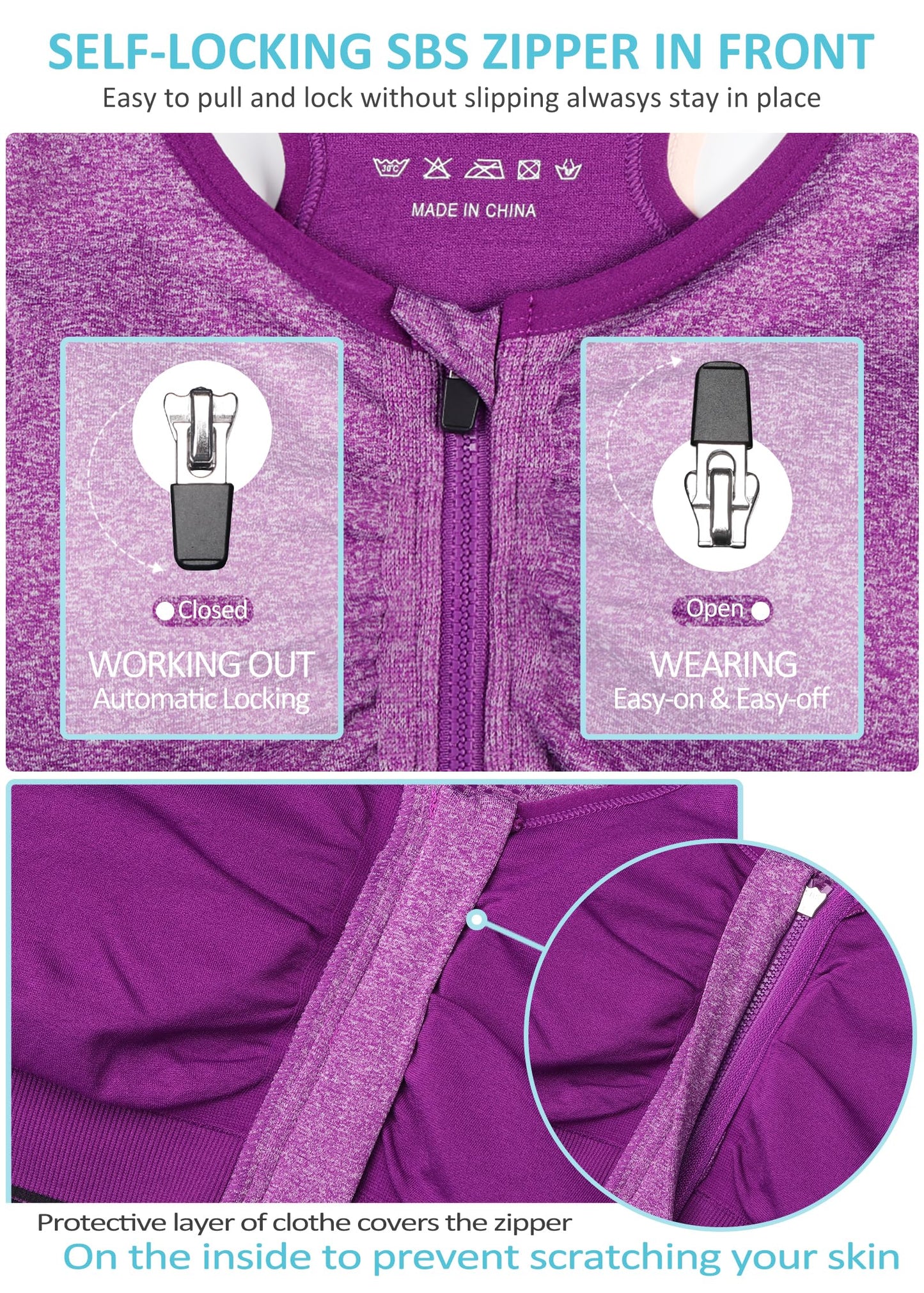 Women's Zip Front Sports Bra - Wireless, Padded, Open Front, Racerback - Comfortable Yoga & Workout Bras - Plus Size (XX-Large) 3 Pack (Black+Flesh+Purple)