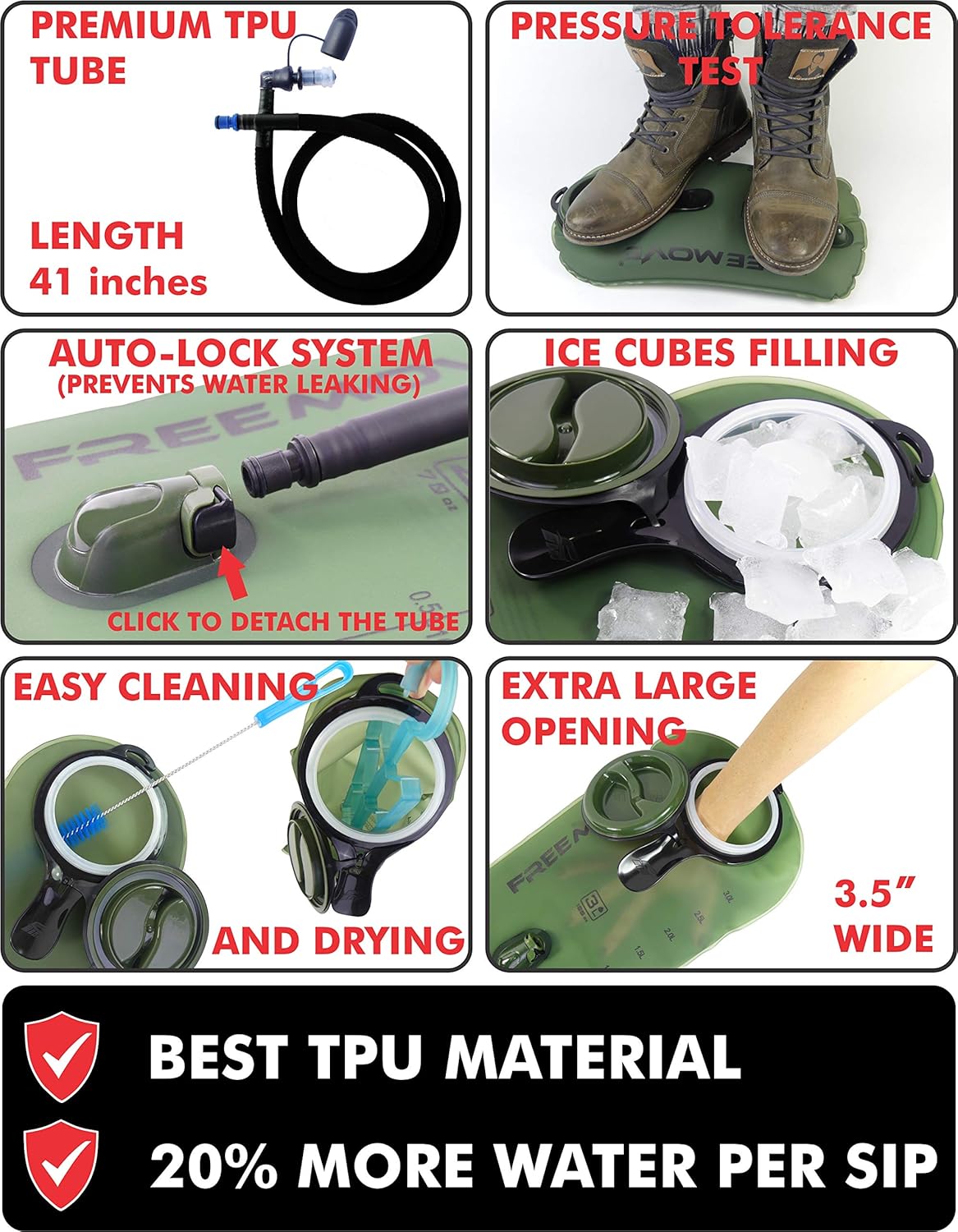 FREEMOVE Hydration Bladder 2L / 3L Water Bladder for Hiking Backpack &gt;Blue or Green&lt; Leak Proof Hydration Pack, Tasteless & BPA Free, TPU Water Reservoir, Quick Release Insulated Tube & Shutoff Valve