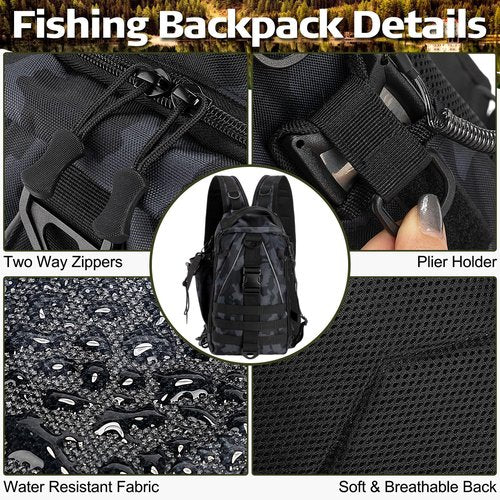 RoundFunny 85 Pcs Fishing Backpack with Tackle Boxes, Tackle Sling Bag with Rod Holder, Fishing Lures Kit and Pliers Set for Men Women(Incognito Camouflage)