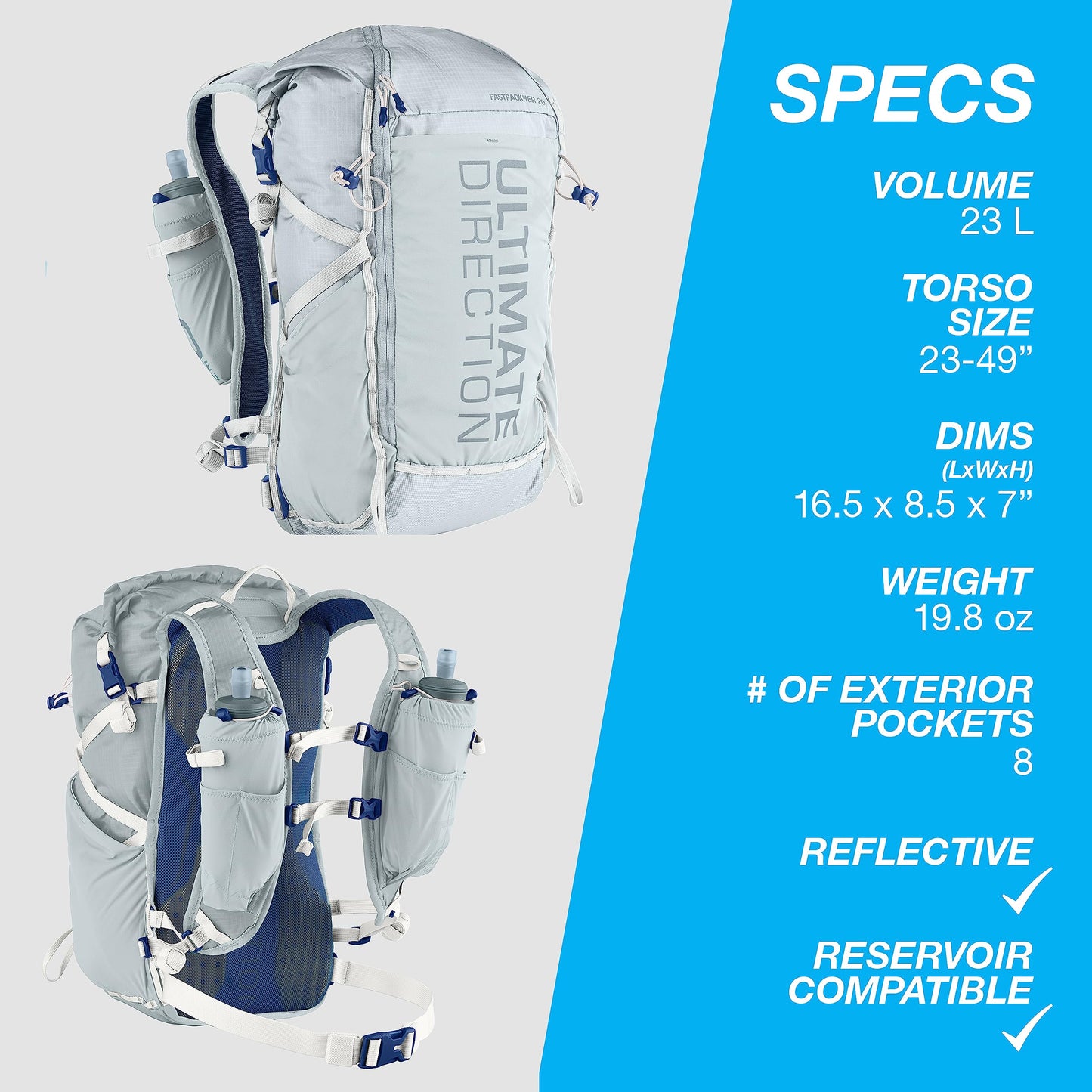 Ultimate Direction FastPackHer 20L 2.0 – Lightweight Running Hydration Backpack, Women’s Specific Fit, Shoulder Strap Pockets, Upgraded for 2023 (Medium / Mist)