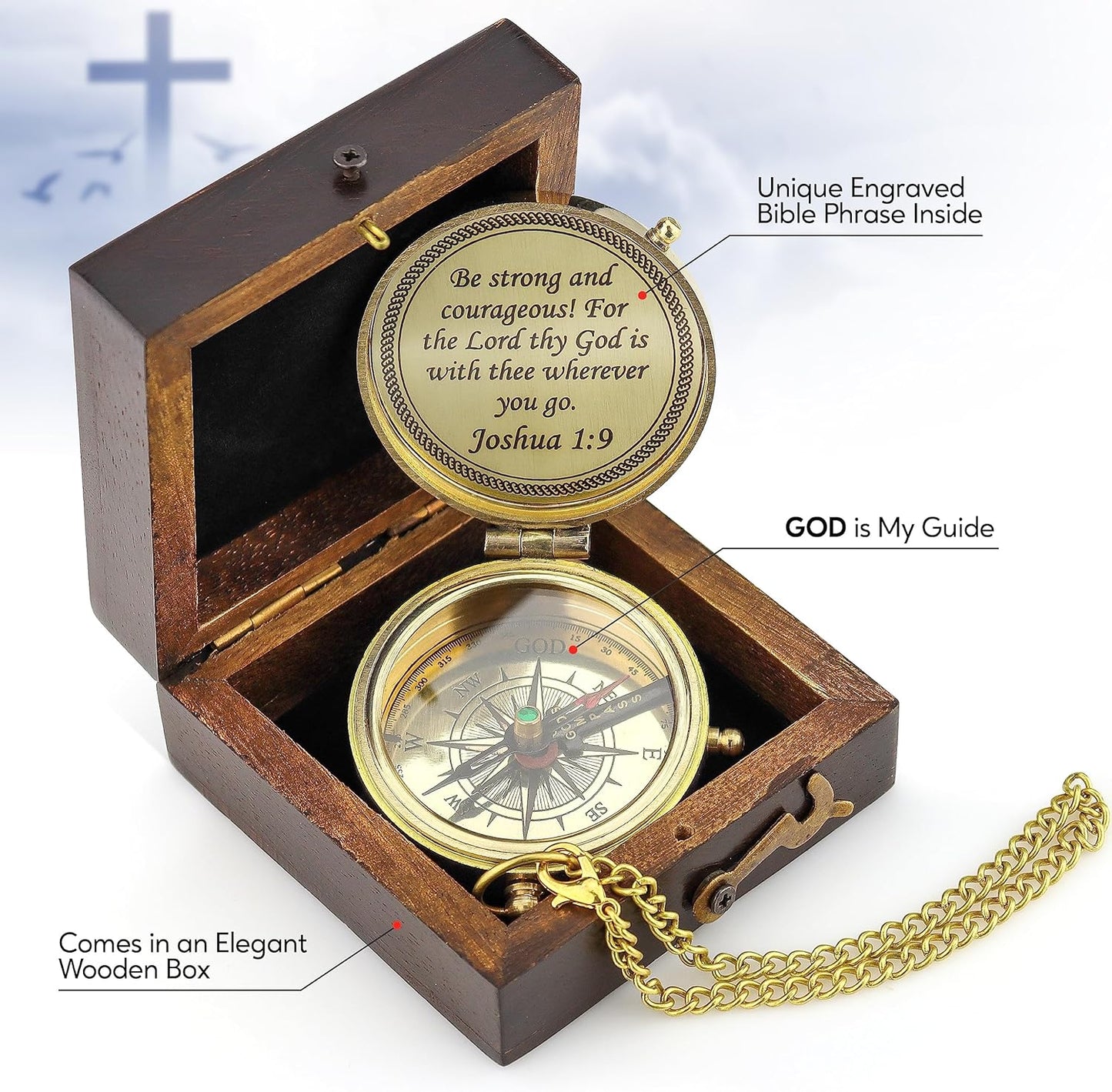 God is My Guide Brass Compass Gift with Display Box - Engraved Scripture Prayer Compass Religious Gift for Men & Women - Baptism, Confirmation, Communion Compass for Boys Graduation Gift