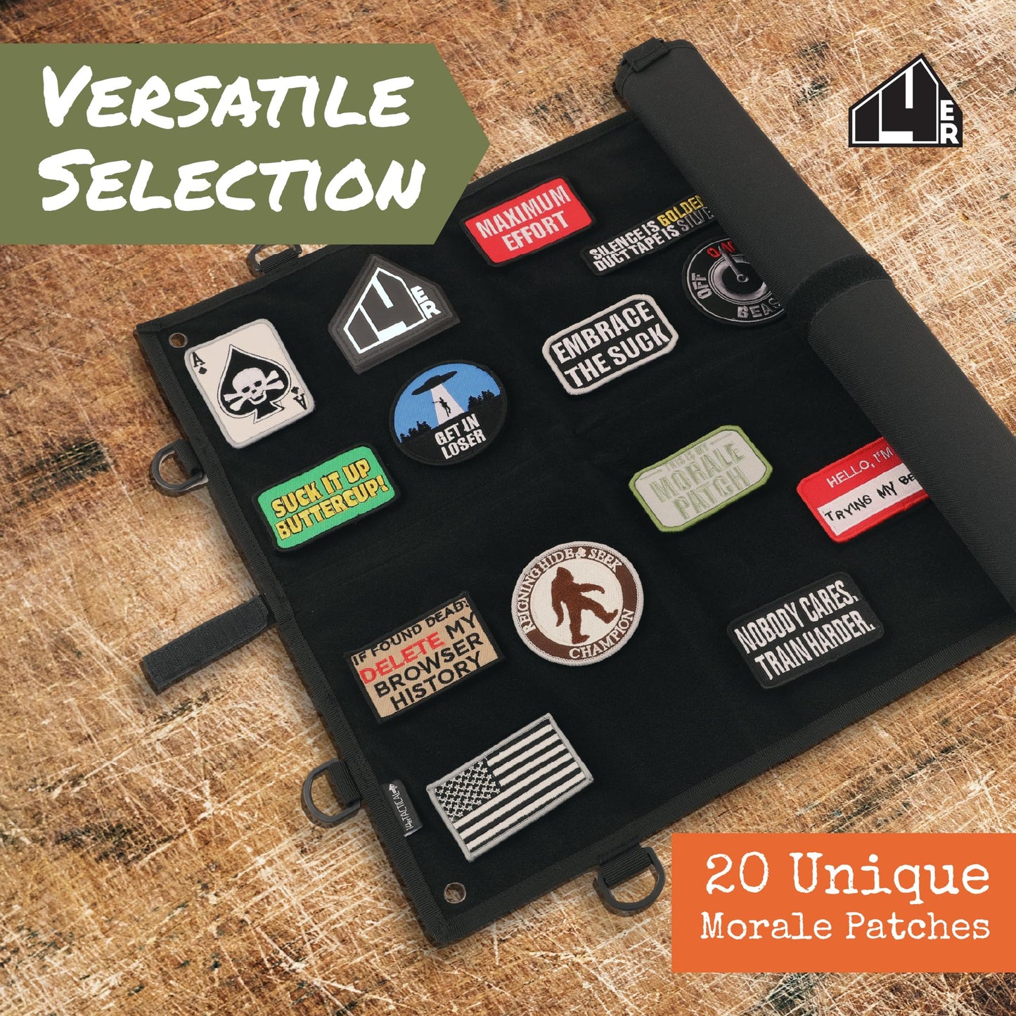 14er Tactical Morale Patches | Funny Military Hook & Loop Embroidered Patches for Backpacks, Collar and Vests (20-Pack)