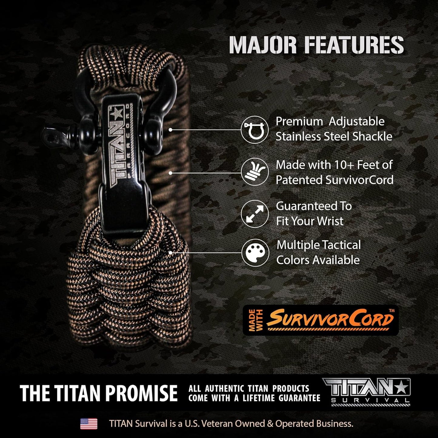 Titan Paracord Survival Bracelet | BLACK | LARGE (Fits 8" - 9" Wrist) | Made with Authentic Patented SurvivorCord (550 paracord, fishing line, snare wire, and waxed jute for fires)