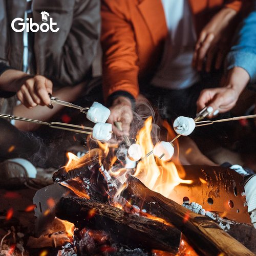 Gibot Marshmallow Roasting Sticks for Fire Pit, 5 Dishwasher Safe Stainless Steel Extendable Smores Sticks with Rests Pellet Scoop Grill mat, Camping Essentials，Stove Accessory Pack