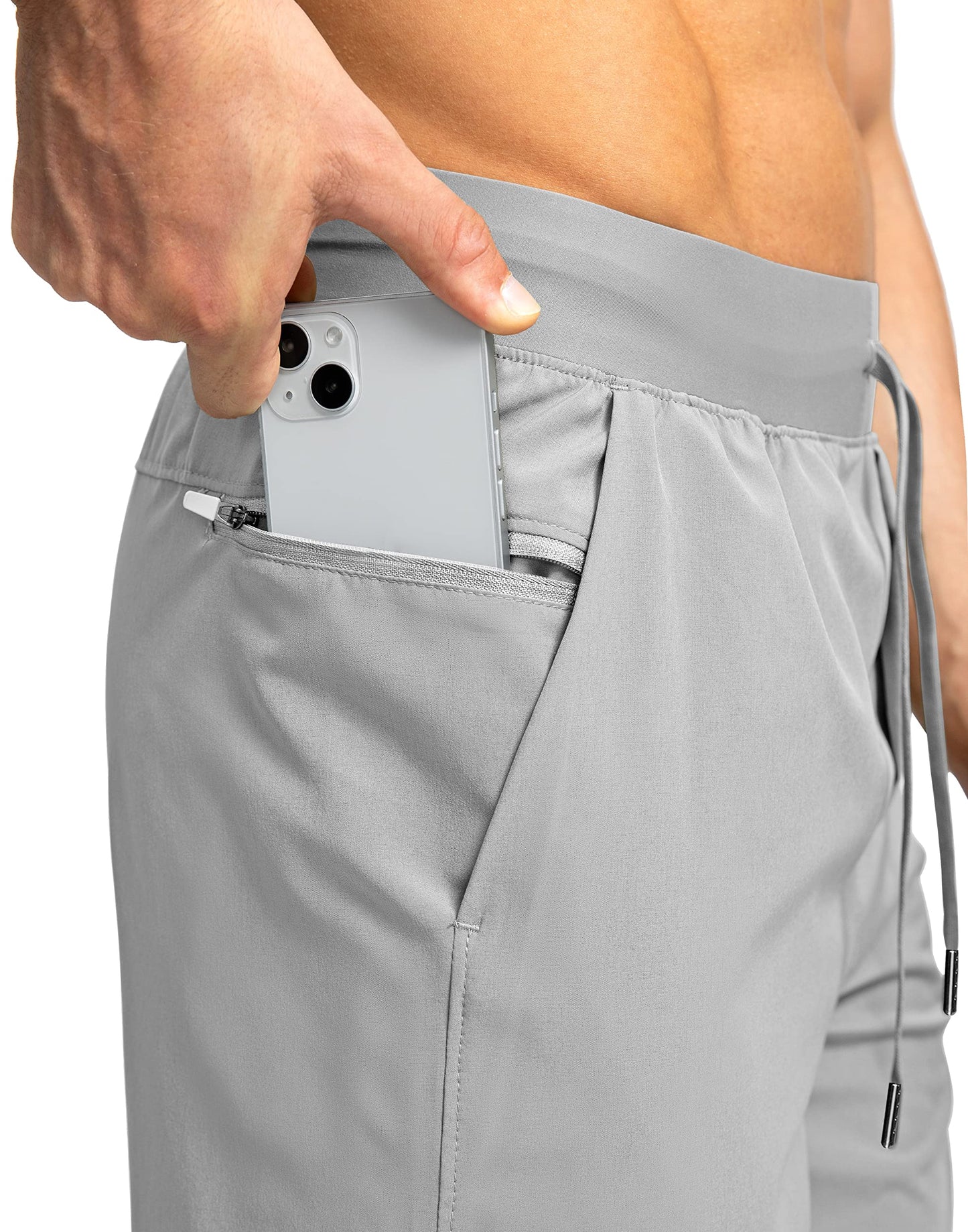Soothfeel Men's Running Shorts with Zipper Pockets 7 Inch Lightweight Quick Dry Gym Athletic Workout Shorts for Men (Light Grey, 2XS)