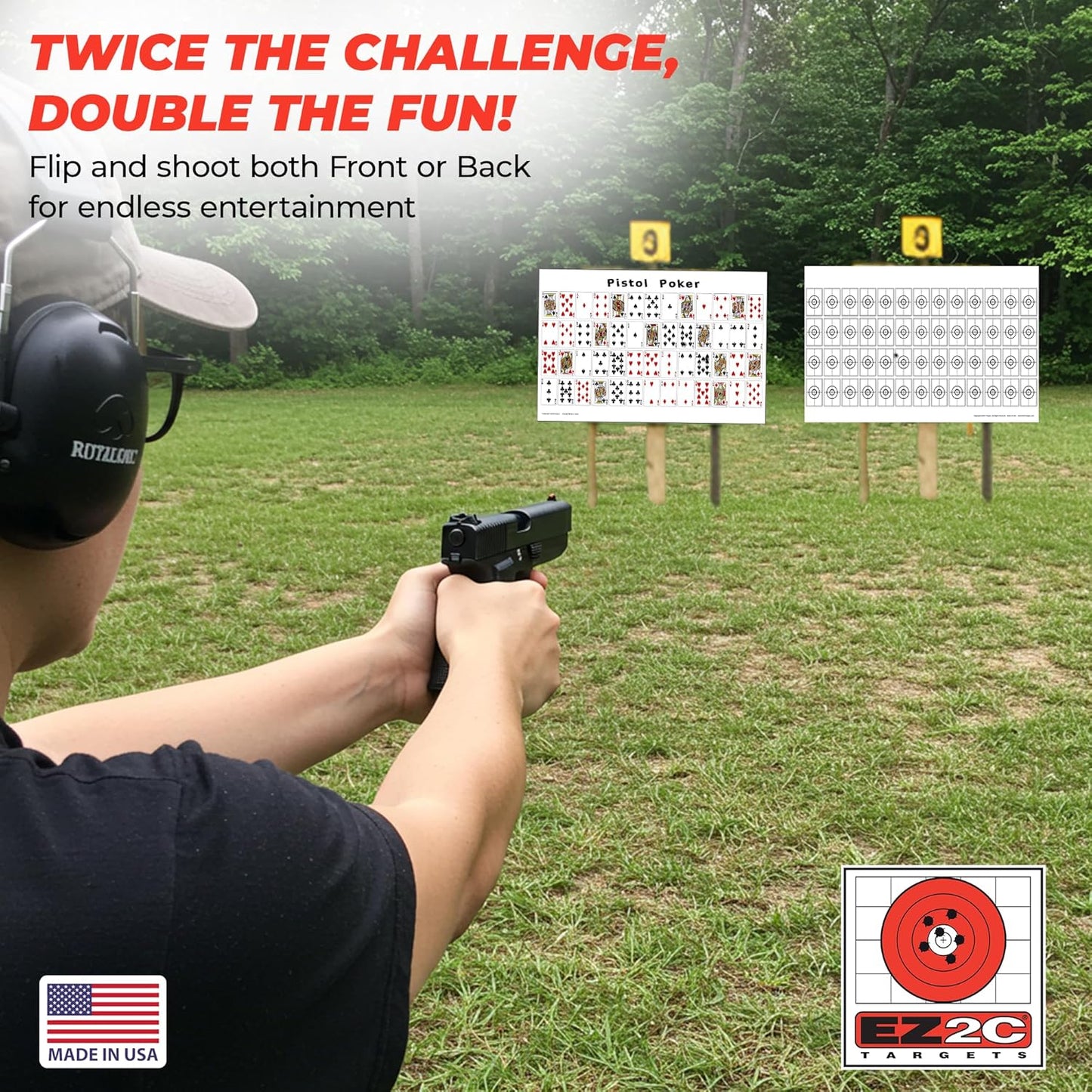 EZ2C paper targets for shooting, sheet of 52 random sorted playing cards range targets - bullseye shooting targets game on back side, both side gun target, 12"x18" (20 pack)