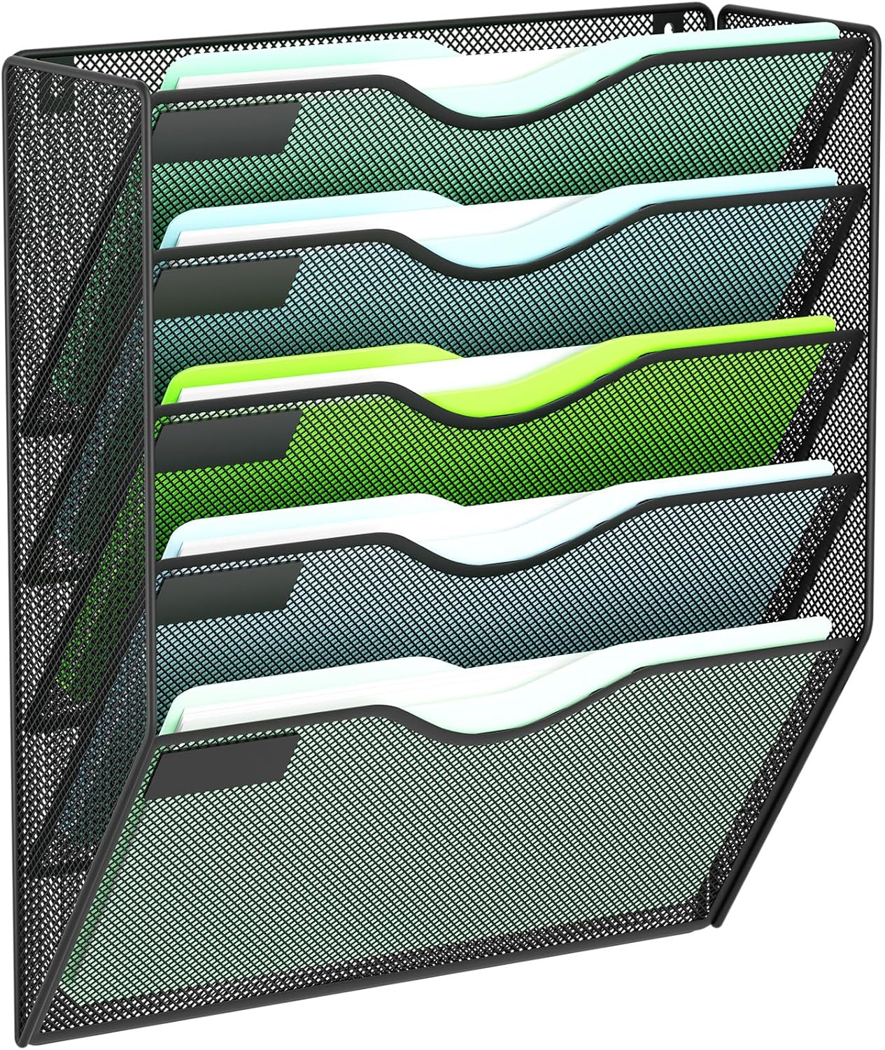 5 Pockets Mesh Hanging Wall File Holder Organizer Wall Mounted Paper Magazine Rack, Black