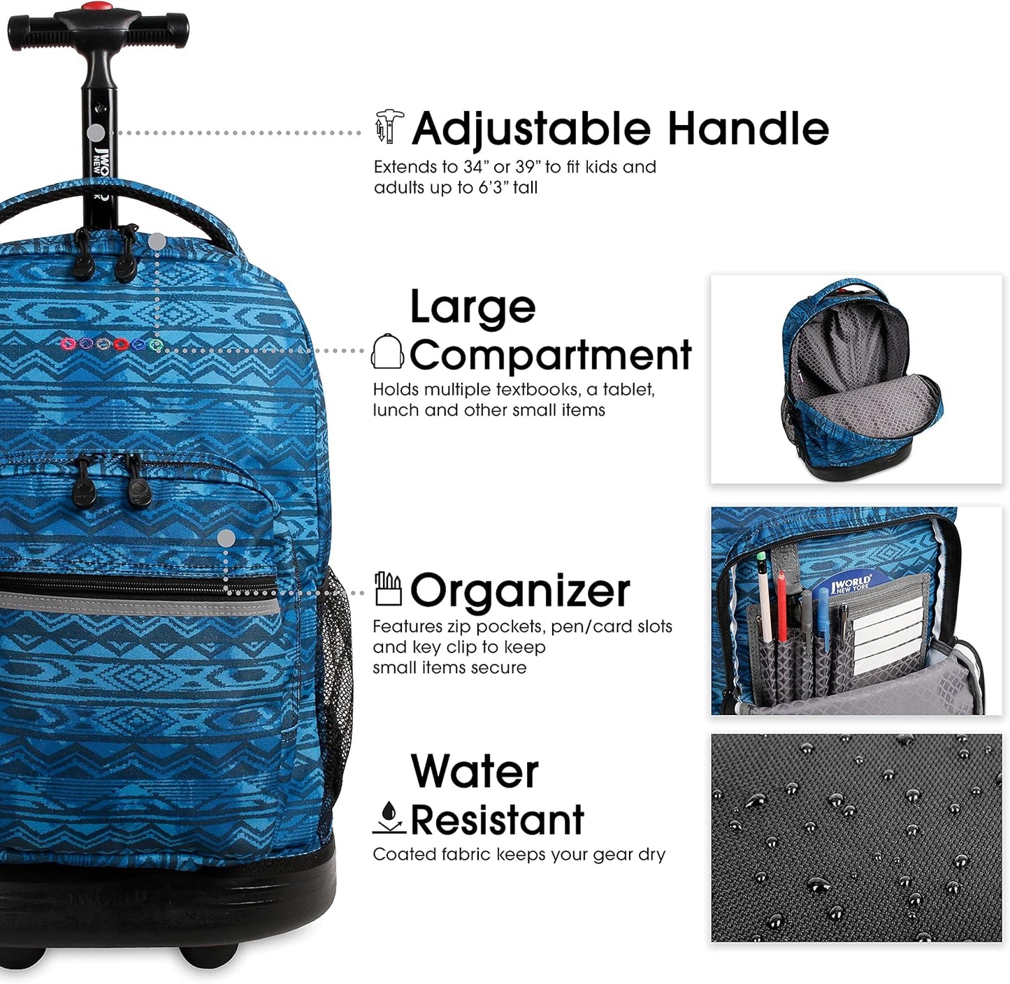 J World New York Sunrise Rolling Backpack, Water Mark, 18"