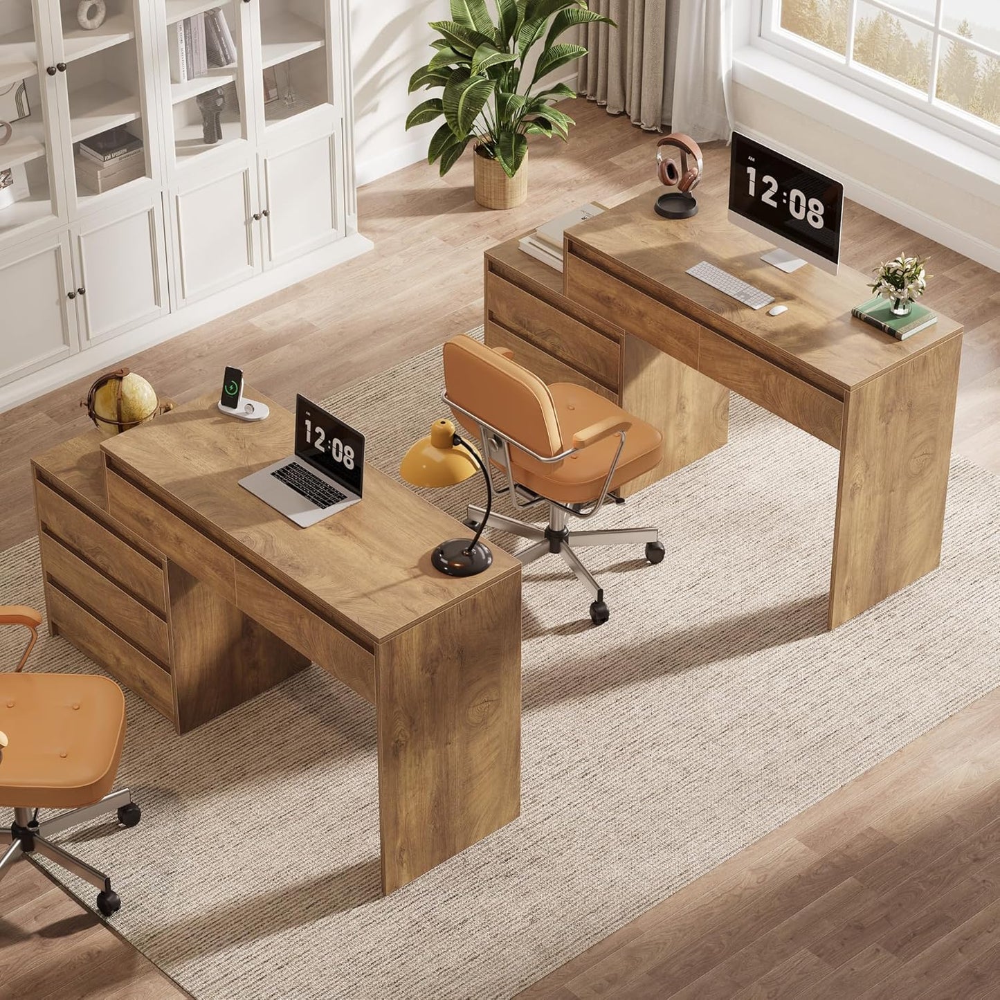 Tribesigns Computer Desk with 5 Drawers, Executive Home Office Desk with File Cabinet and Printer Stand, Industrial Rustic Wood Desk for Small Spaces, Study Writing Workstation, PC Table with Storage