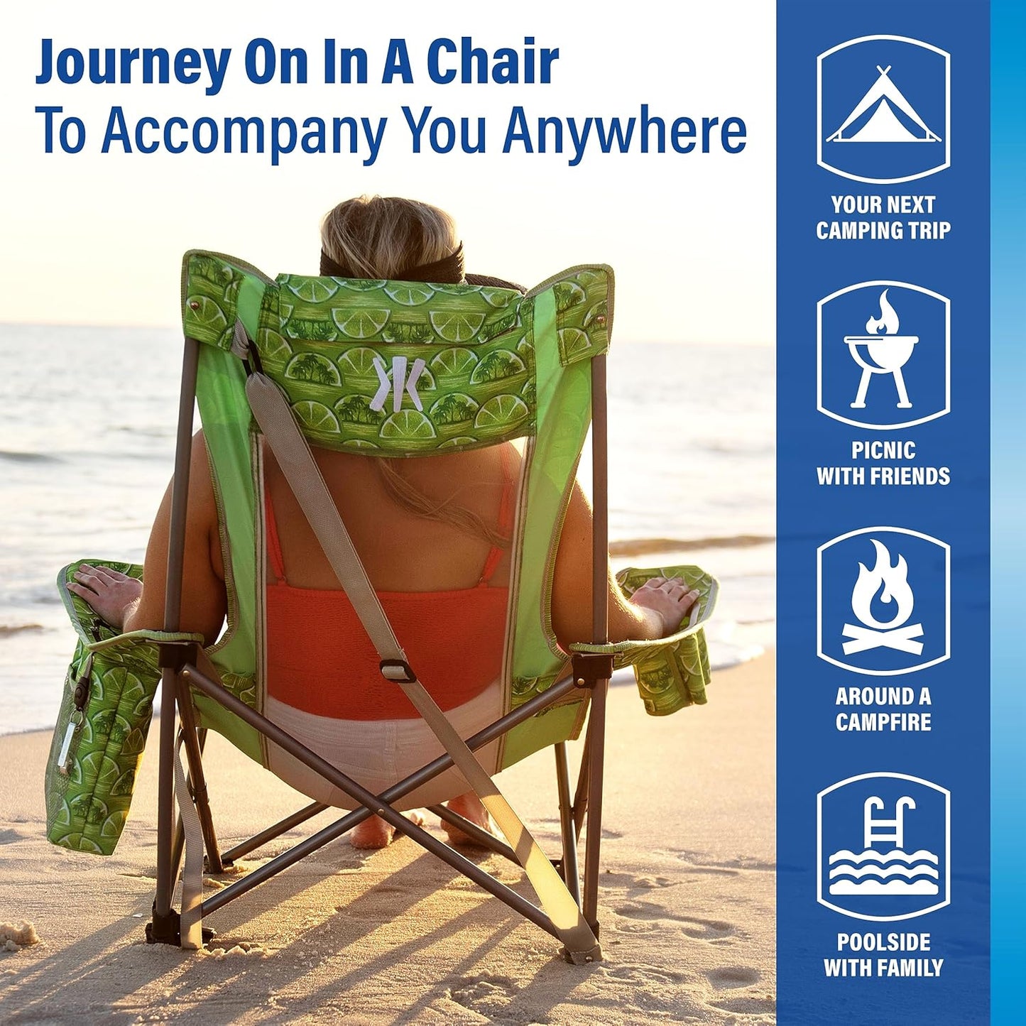 Kijaro Beach Sling Chair with Cooler Pocket - Various Fun Colors & Patterns - Perfect Beach Folding Chair and Camping Chair - Includes a Detachable Pillow