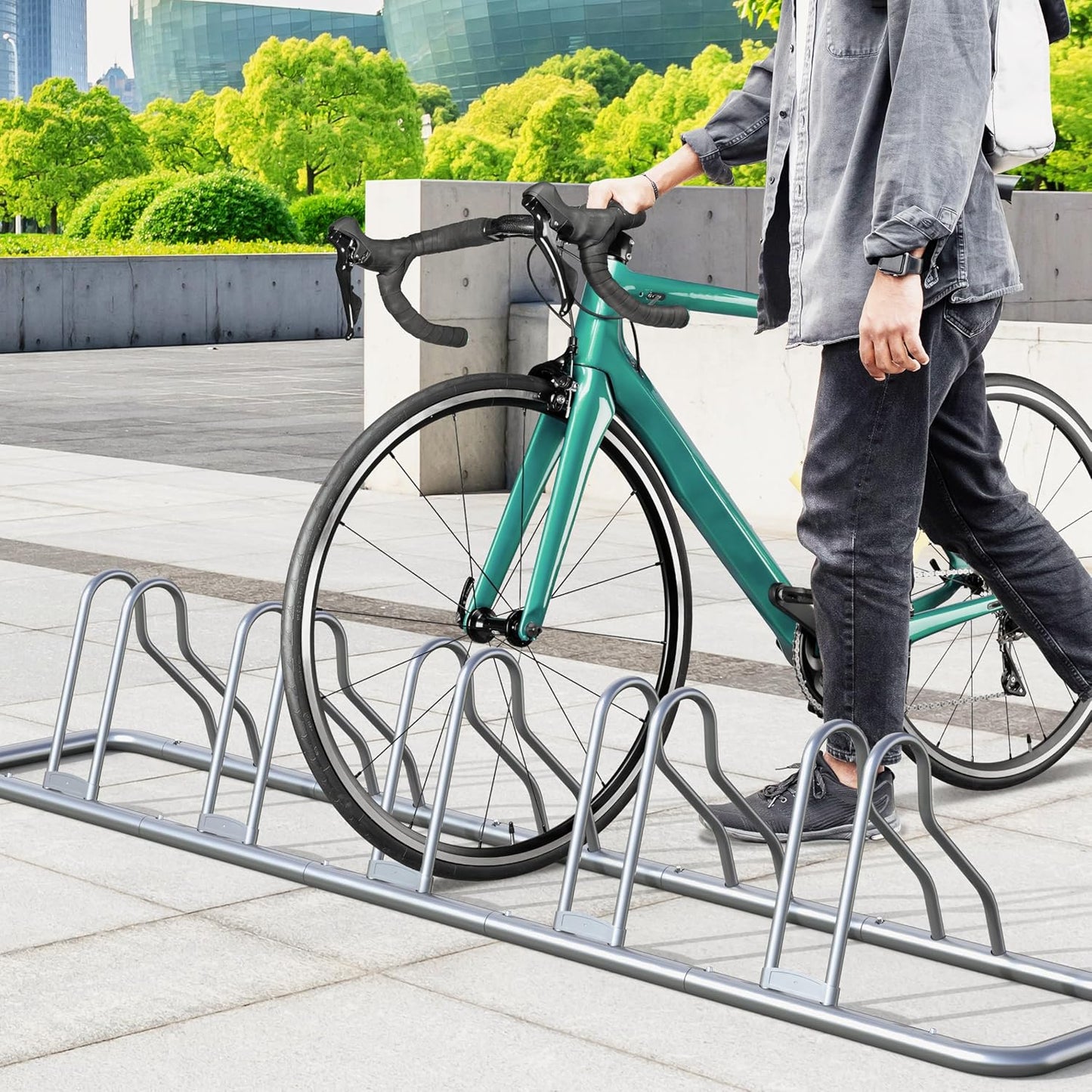 Simple Houseware 5 Bike Bicycle Floor Parking Adjustable Storage Stand, Silver