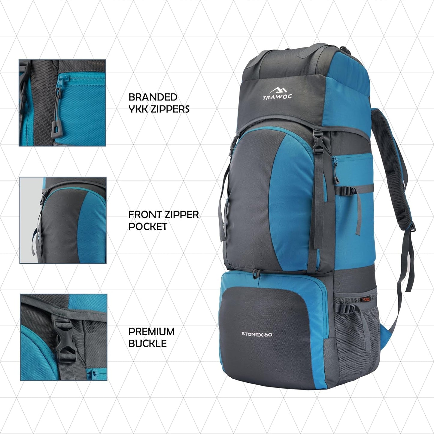 STONEX 60 Ltr Travel Backpack Trekking Rucksack bag for Men & Women Travel Camping Hiking Backpack, Sky Blue