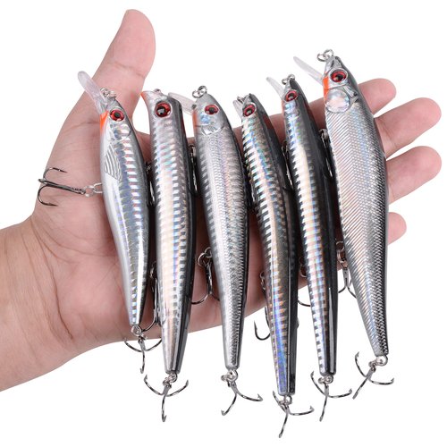 Saltwater Fishing Lures Kit 6pcs Striped Bass Fishing Lures Hard Minnow Lures Jerkbait Topwater Popper Plugs Surf Fishing Striper Lures Inshore Offshore Saltwater Fishing Lures Set