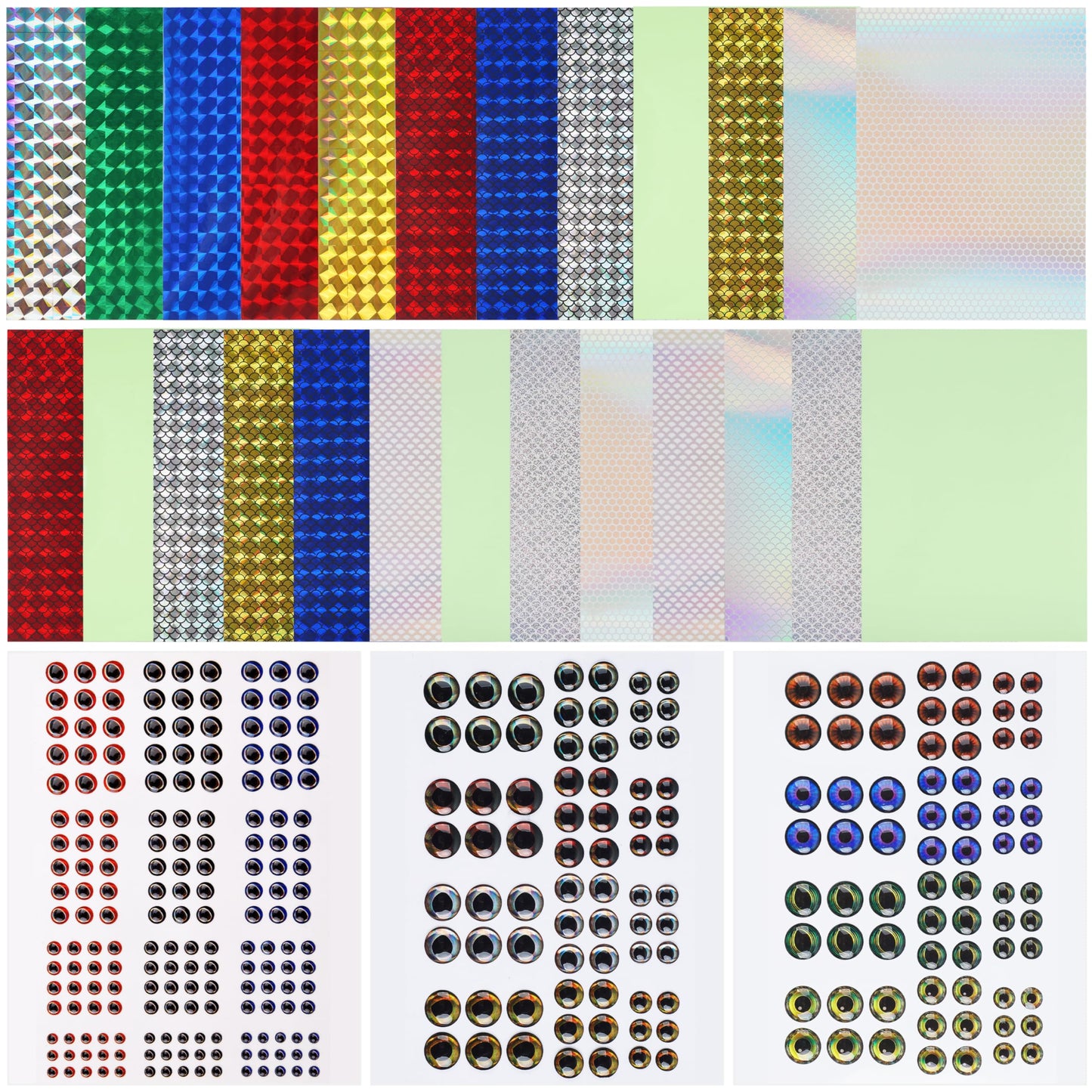 Fishing Lure Stickers Fishing Eyes Kit, 352pcs 3D 4D 5D Artificial Fishing Lure Eyes Adhesive Holographic Fish Scale Lure Tapes for Fly Tying Lures Crafts DIY Materials Tool