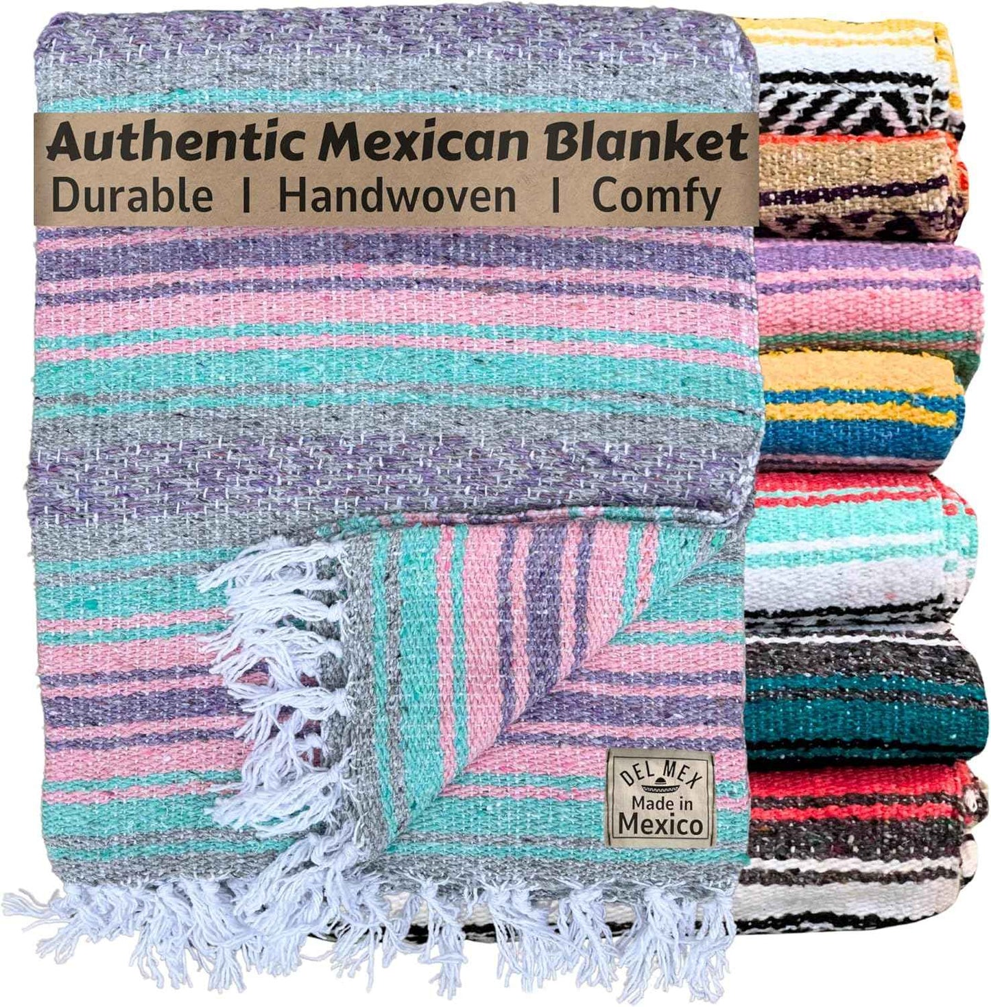 Authentic Del Mex Large Mexican Blanket - Woven Falsa Throw (70"x50") for Beach, Yoga & Outdoor Decor - Pink/Tan