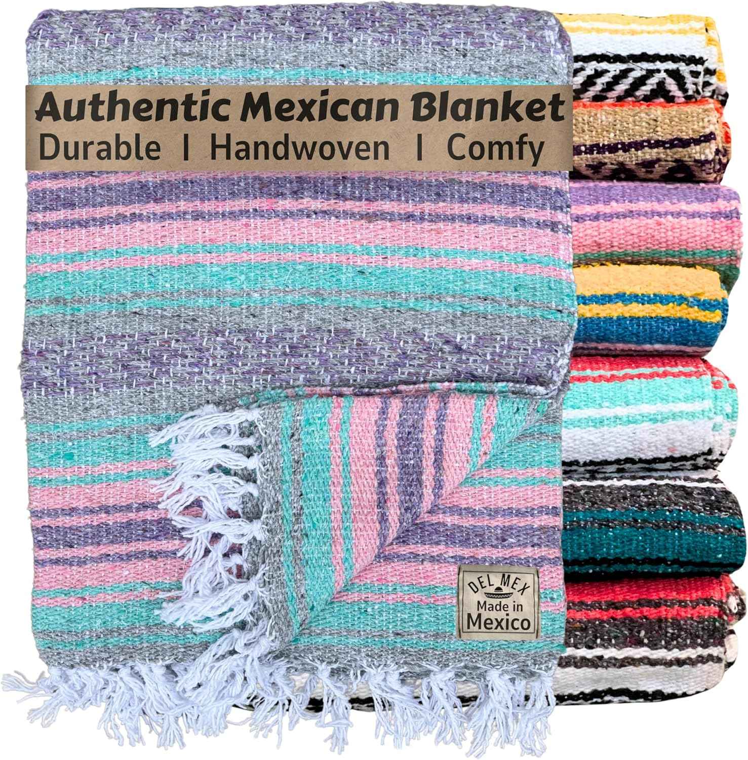 Authentic Del Mex Large Mexican Blanket - Woven Falsa Throw (70"x50") for Beach, Yoga & Outdoor Decor - Pink/Tan
