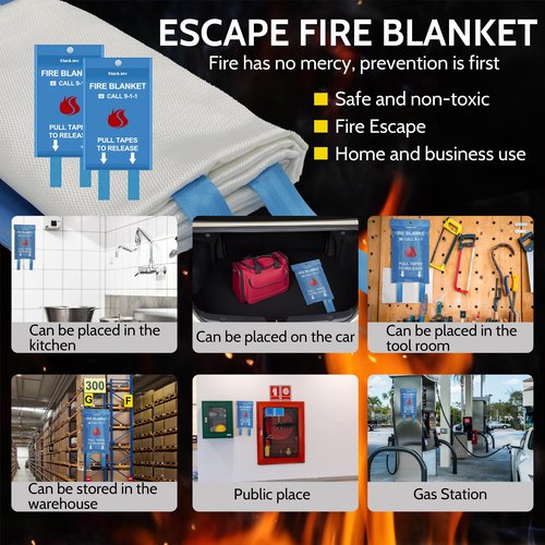 Black pro Fire Blanket, Fire Retardant Blanket,Emergency Fire Blanket for Kitchen, Home, School, Fireplace, Grill, Car, Office and Warehouse. CE Certified. 2 Pack